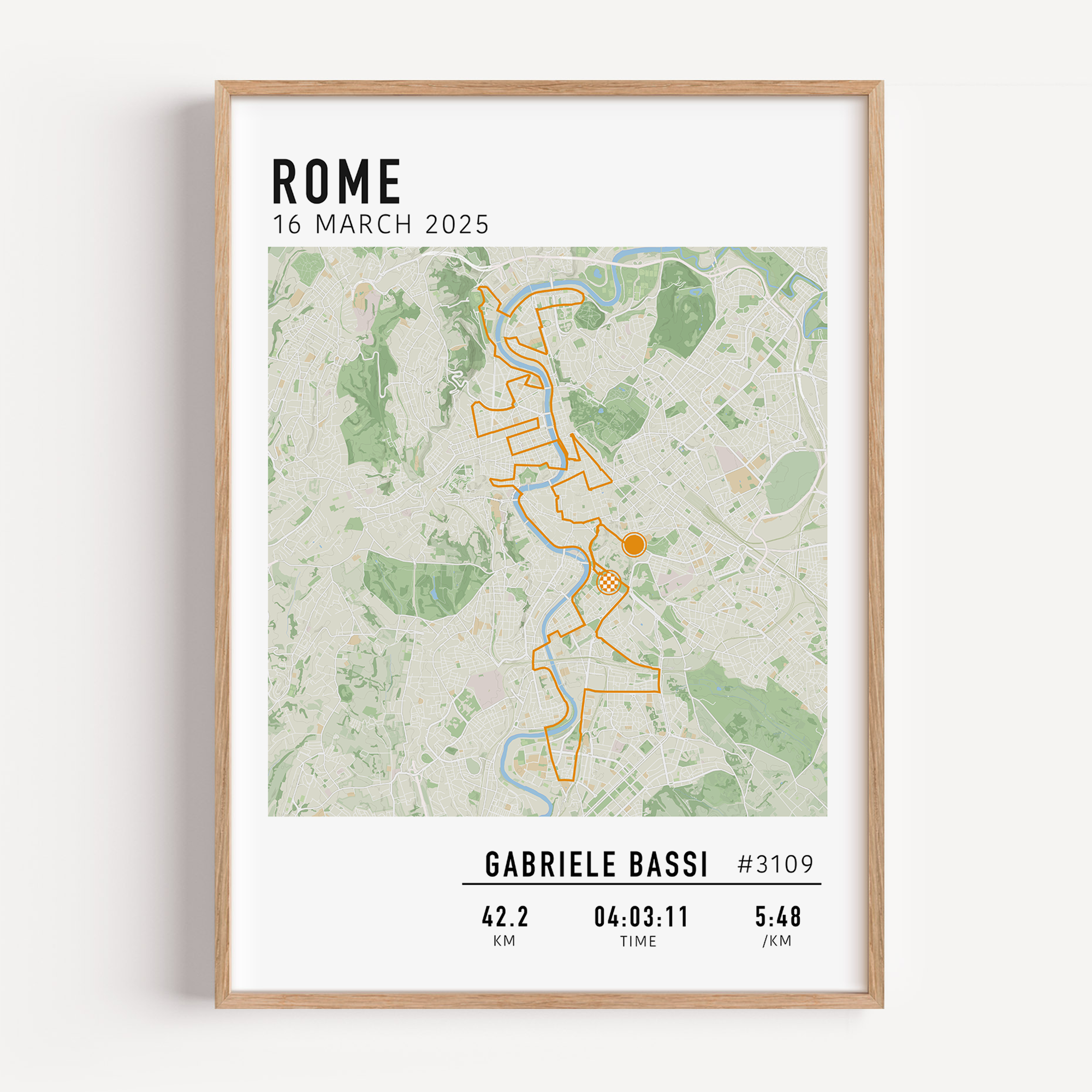 Rome Marathon Map Print Gift for Runners Post Race Gift, framed Rome marathon route print with custom statistics and time