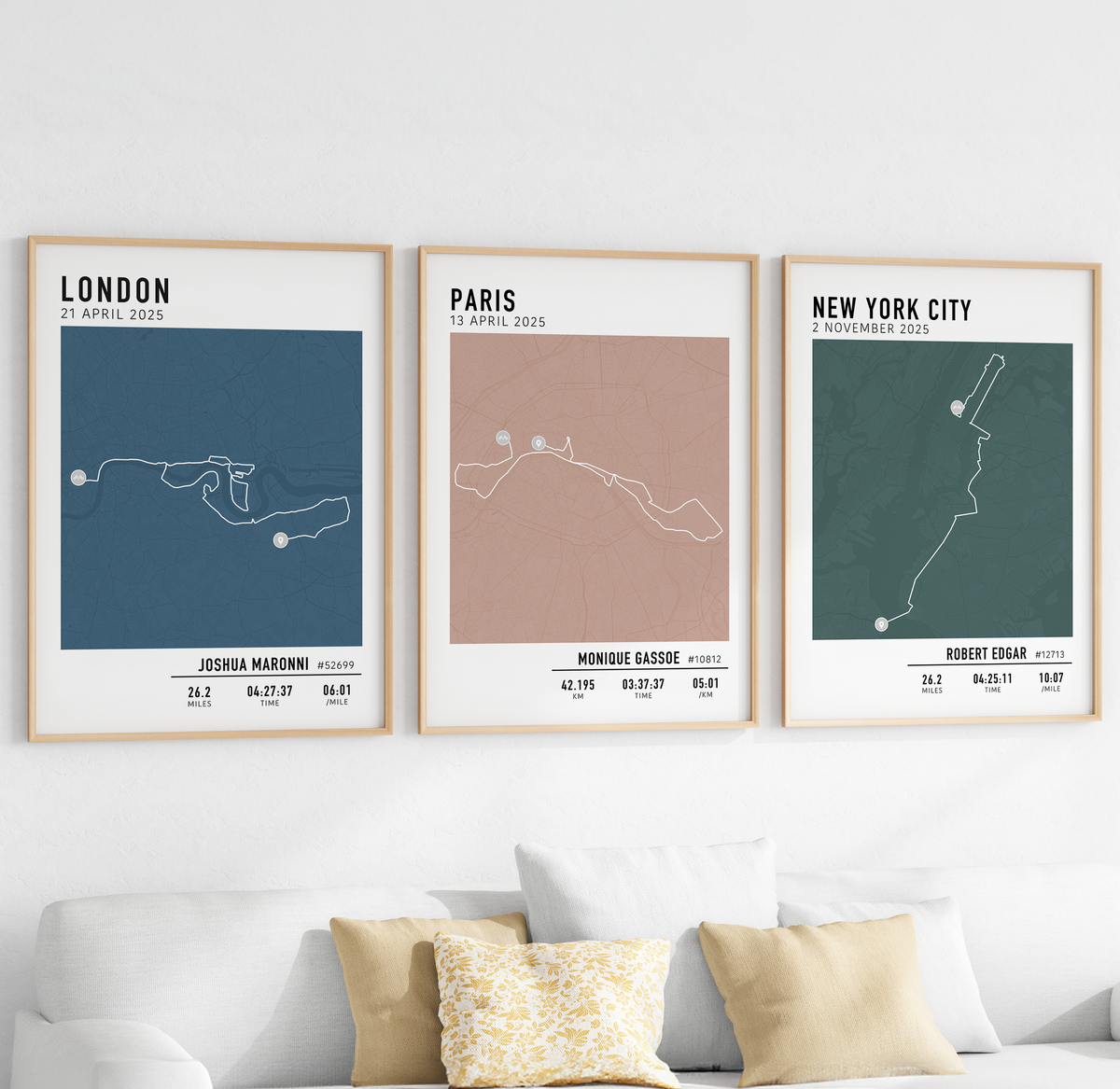 Framed custom art print of a marathon route, showing a minimalist line map of the running course with labeled start and finish points, event name, date, and distance.