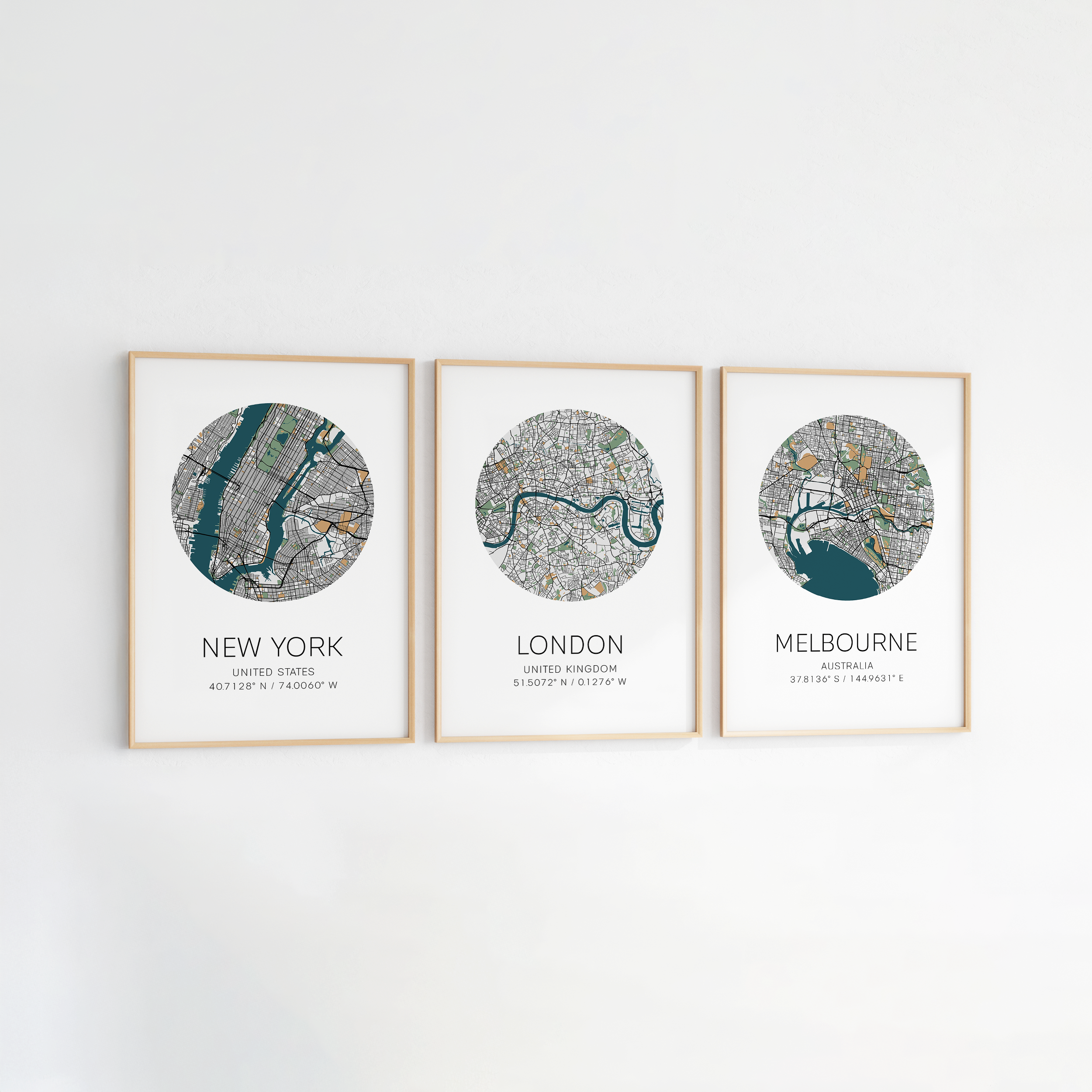 set of 3 city map prints of locations around the world custom prosters