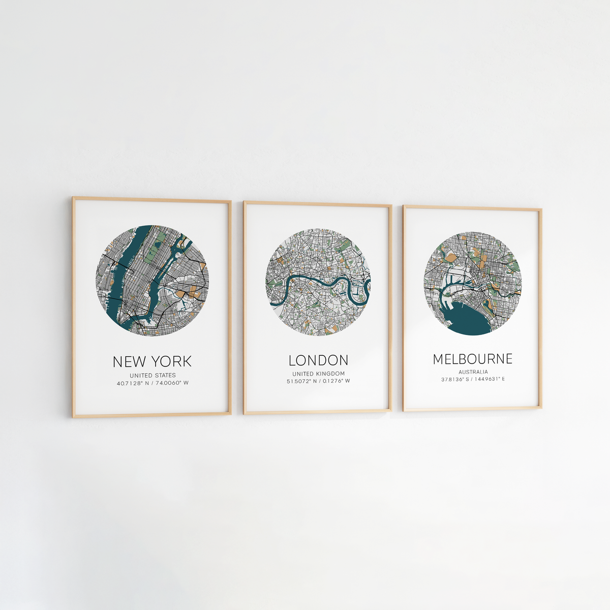 set of 3 city map prints of locations around the world custom prosters