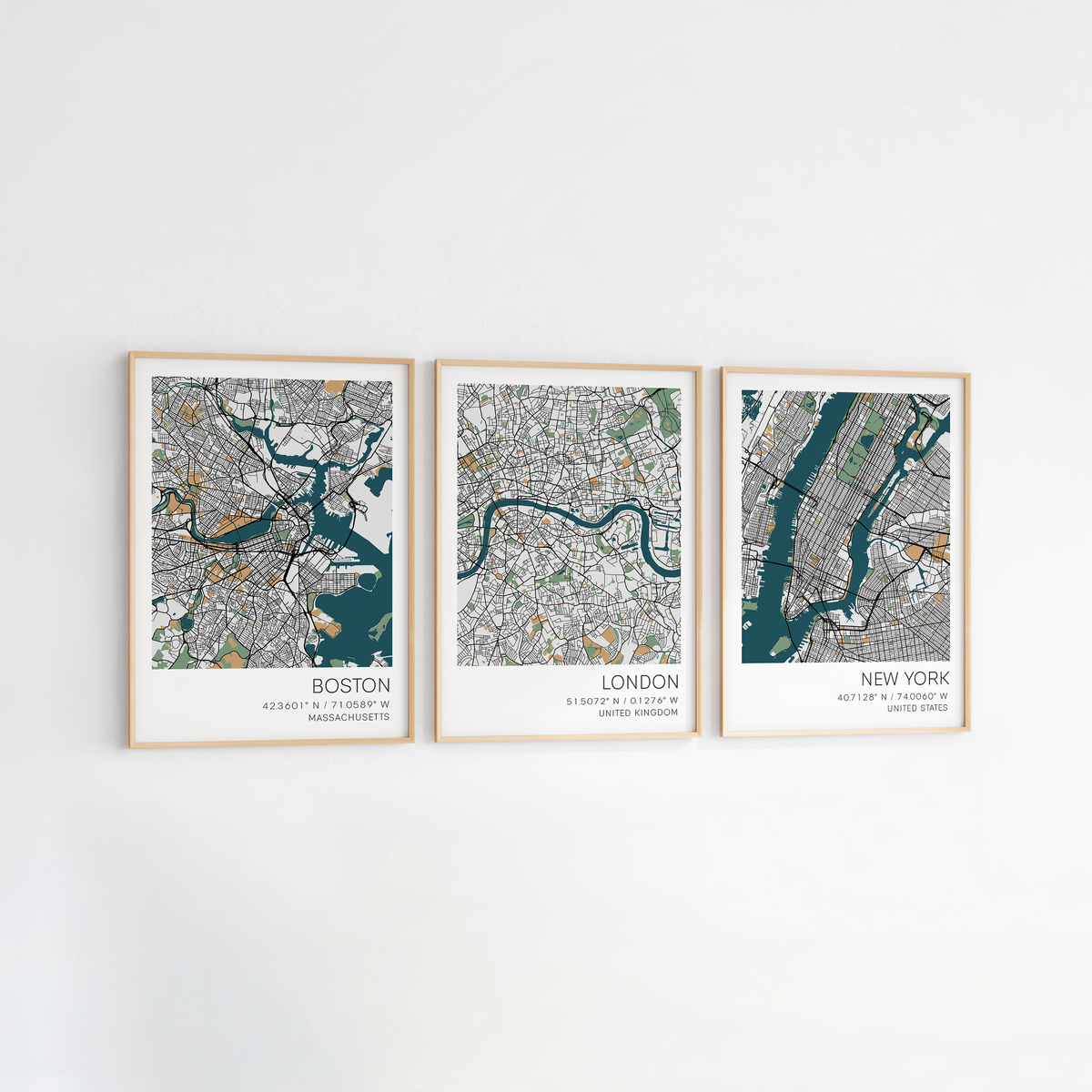 set of 3 city map prints of locations around the world custom prosters