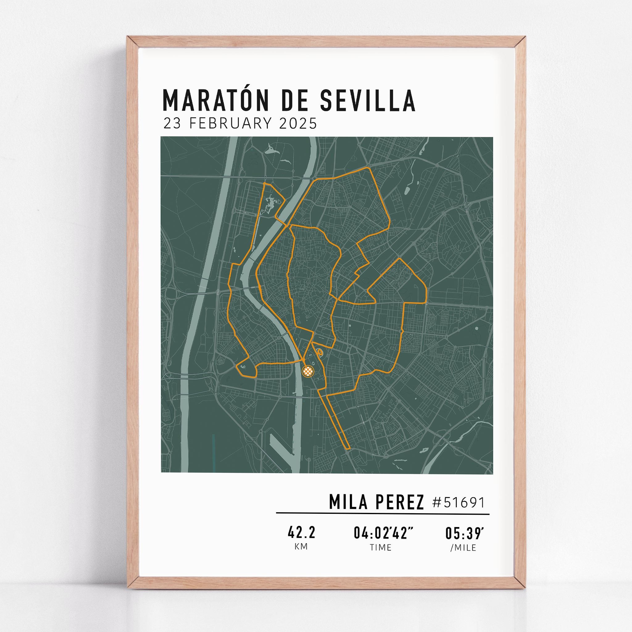 Custom Maratón de Sevilla Map Poster – Personalized marathon route print featuring the 2025 Seville Marathon course, perfect keepsake gift for runners.