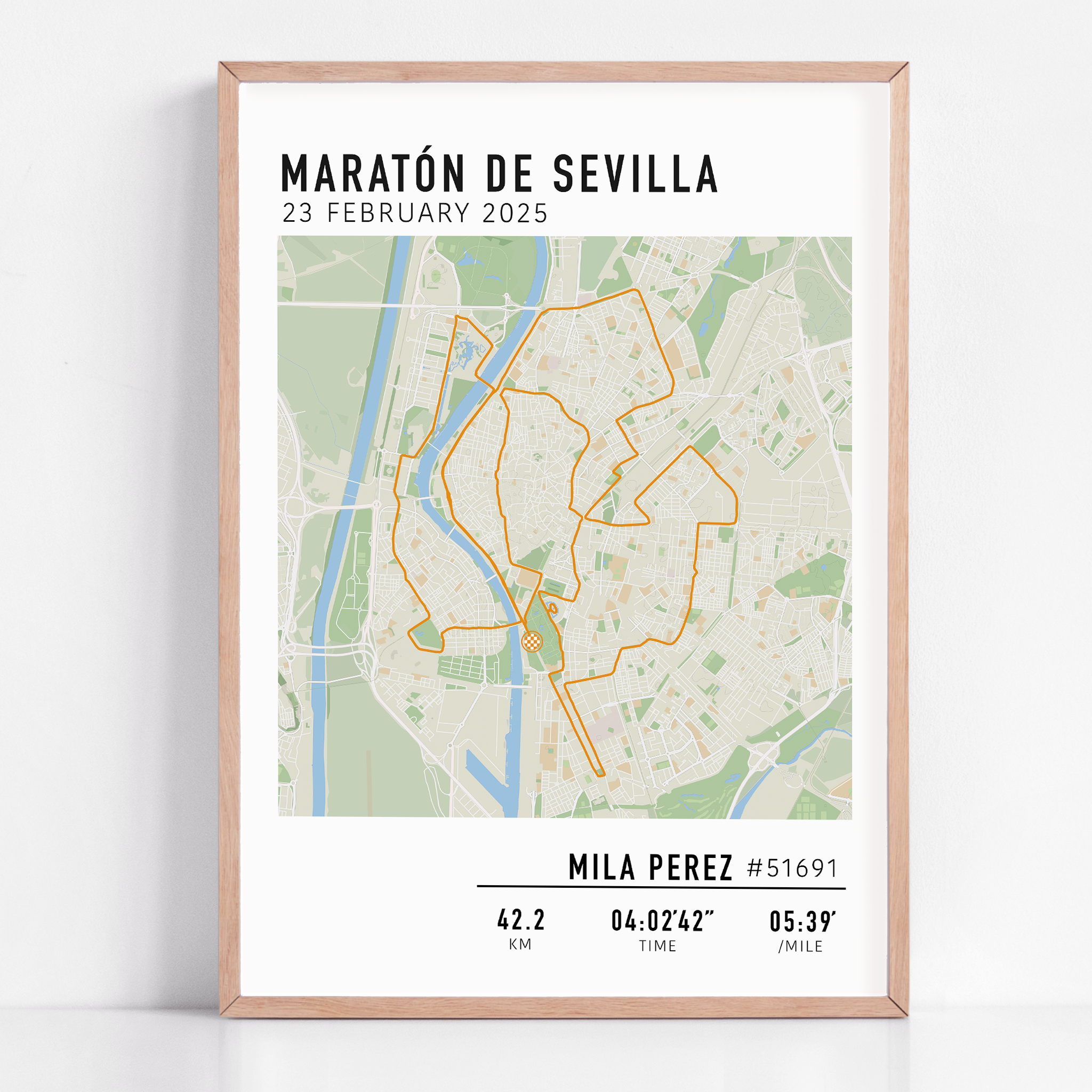 Custom Maratón de Sevilla Map Poster – Personalized marathon route print featuring the 2025 Seville Marathon course, perfect keepsake gift for runners.