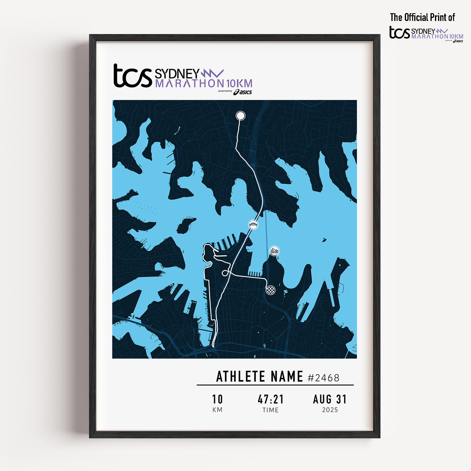 Framed custom print of the 2025 TCS Sydney Marathon 10km, featuring a purple race map with a 10km route. Personalised with the athlete's name, bib number, finish time, and date. Part of the official MYM (Mark Your Moment) collection.