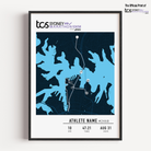 Framed custom print of the 2025 TCS Sydney Marathon 10km, featuring a purple race map with a 10km route. Personalised with the athlete's name, bib number, finish time, and date. Part of the official MYM (Mark Your Moment) collection.