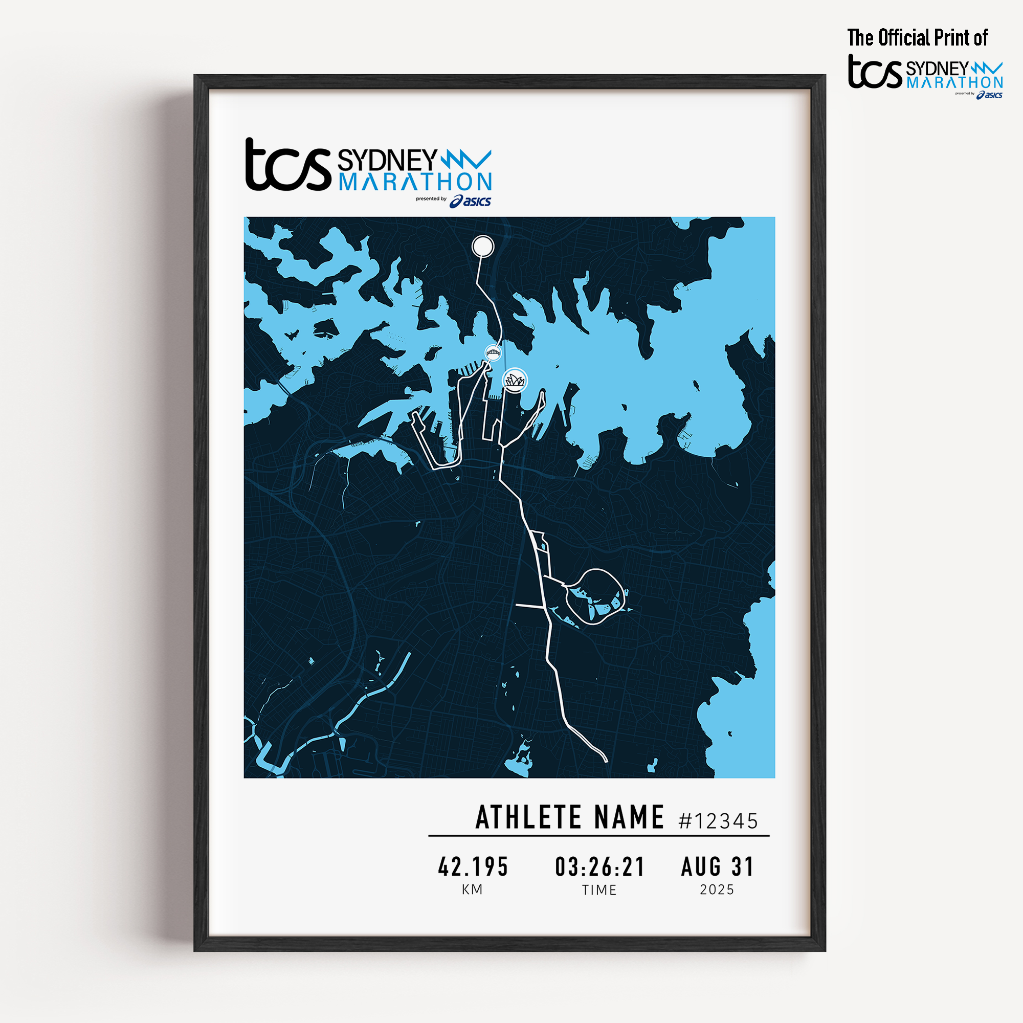 A framed custom print of the 2025 TCS Sydney Marathon. The print features a stylized dark blue race map with light blue water outlining the iconic Sydney Harbour. The marathon route is marked in white. Below the map, personalised details are shown including the athlete's name, race number, distance, finish time , and date. The official TCS Sydney Marathon logo appears at the side of the frame.