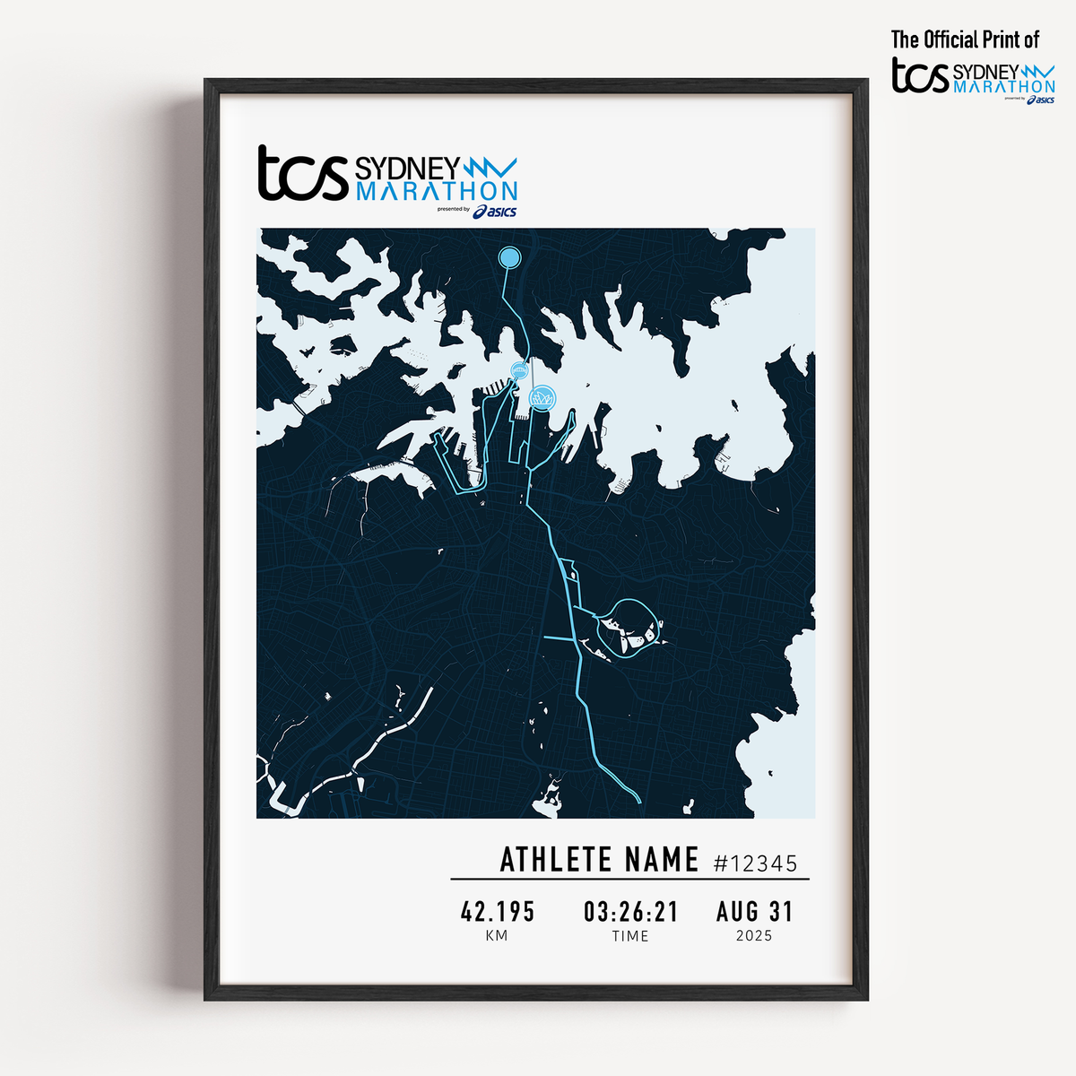 A framed custom print of the 2025 TCS Sydney Marathon. The print features a stylized dark blue race map with light blue water outlining the iconic Sydney Harbour. The marathon route is marked in white. Below the map, personalised details are shown including the athlete's name, race number, distance, finish time , and date. The official TCS Sydney Marathon logo appears at the side of the frame.