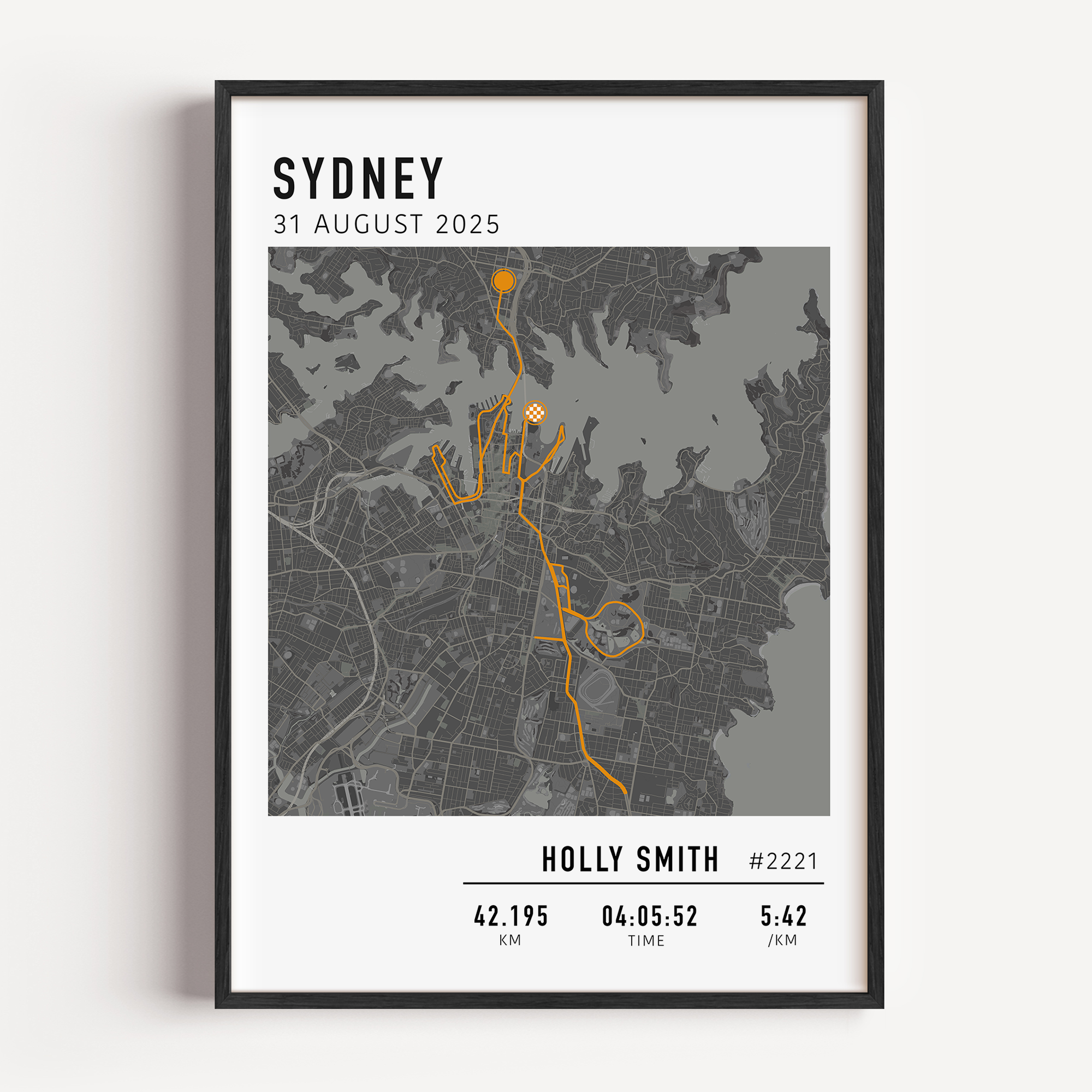 Custom Sydney Marathon map poster showcasing the iconic race route, personalised with GPX data. 