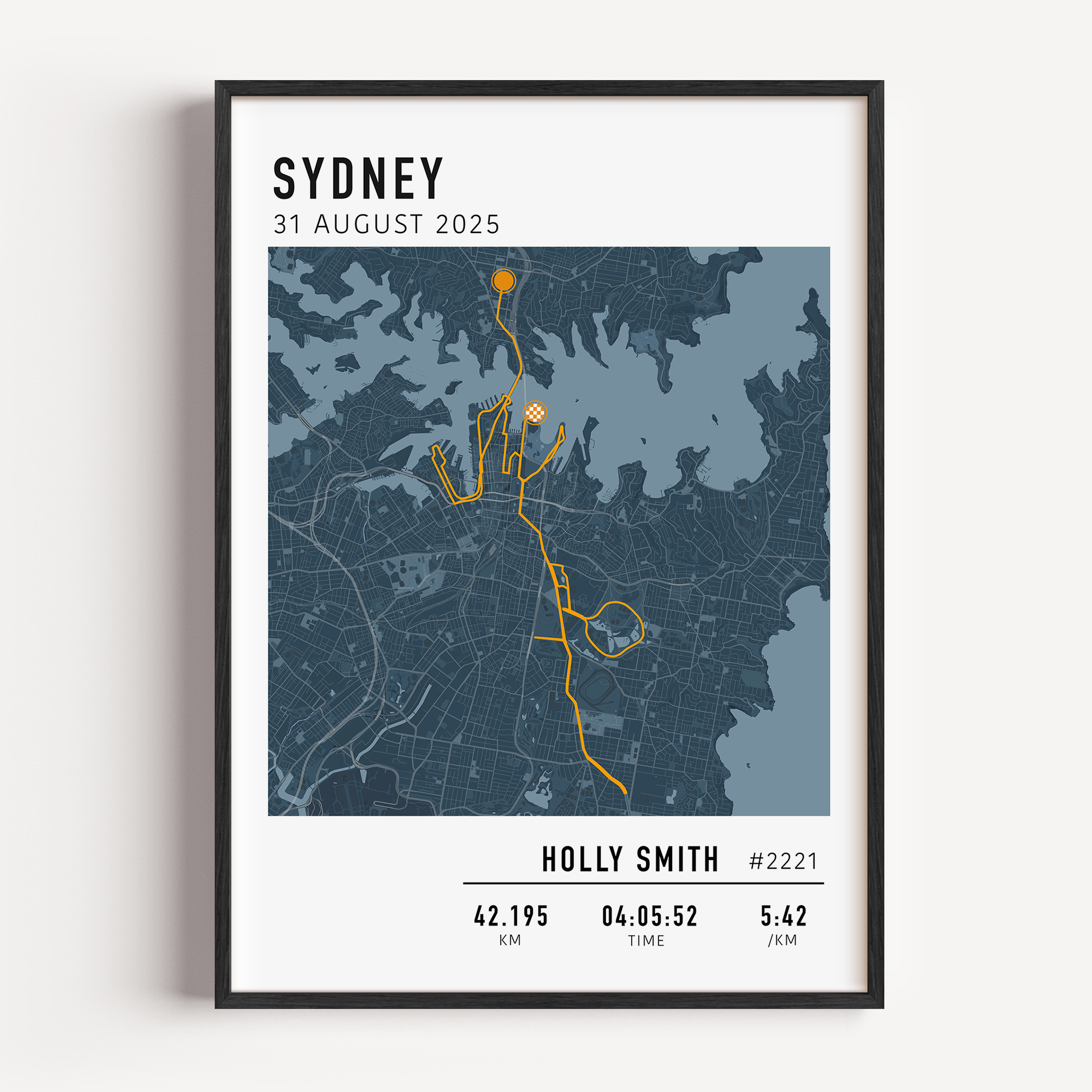 Custom Sydney Marathon map poster showcasing the iconic race route, personalised with GPX data. 