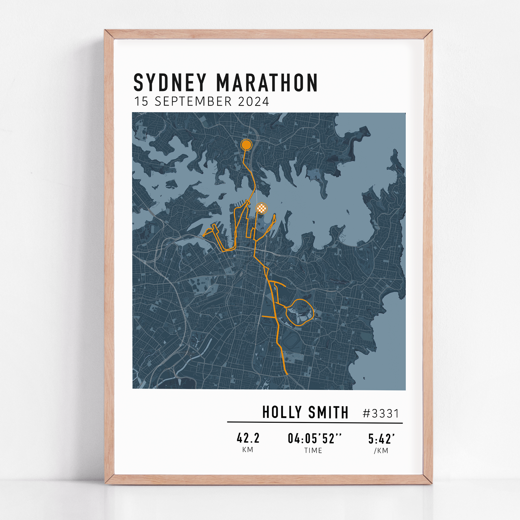 Custom Sydney Marathon map poster showcasing the iconic race route, personalised with GPX data. 