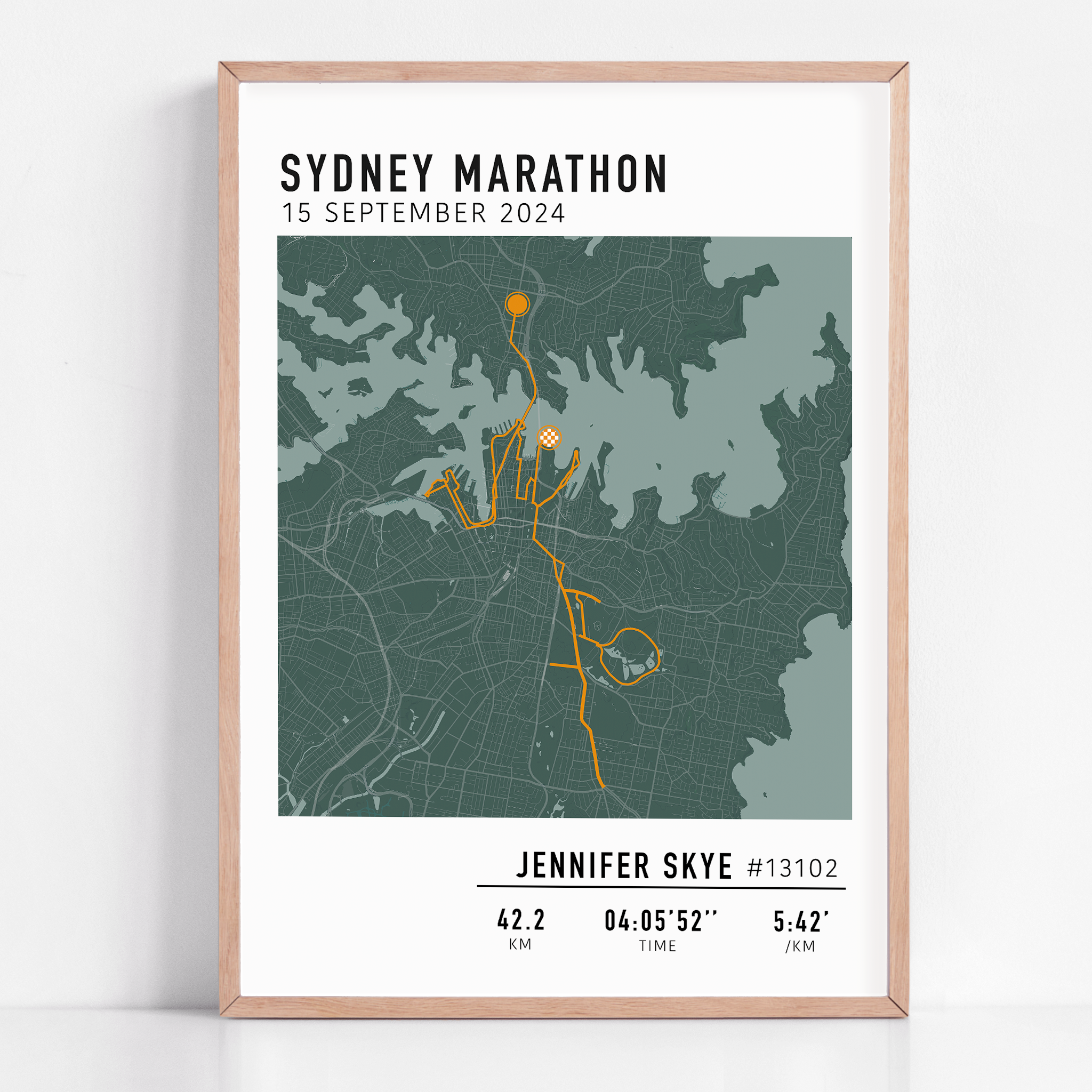 Custom Sydney Marathon map poster showcasing the iconic race route, personalised with GPX data. 