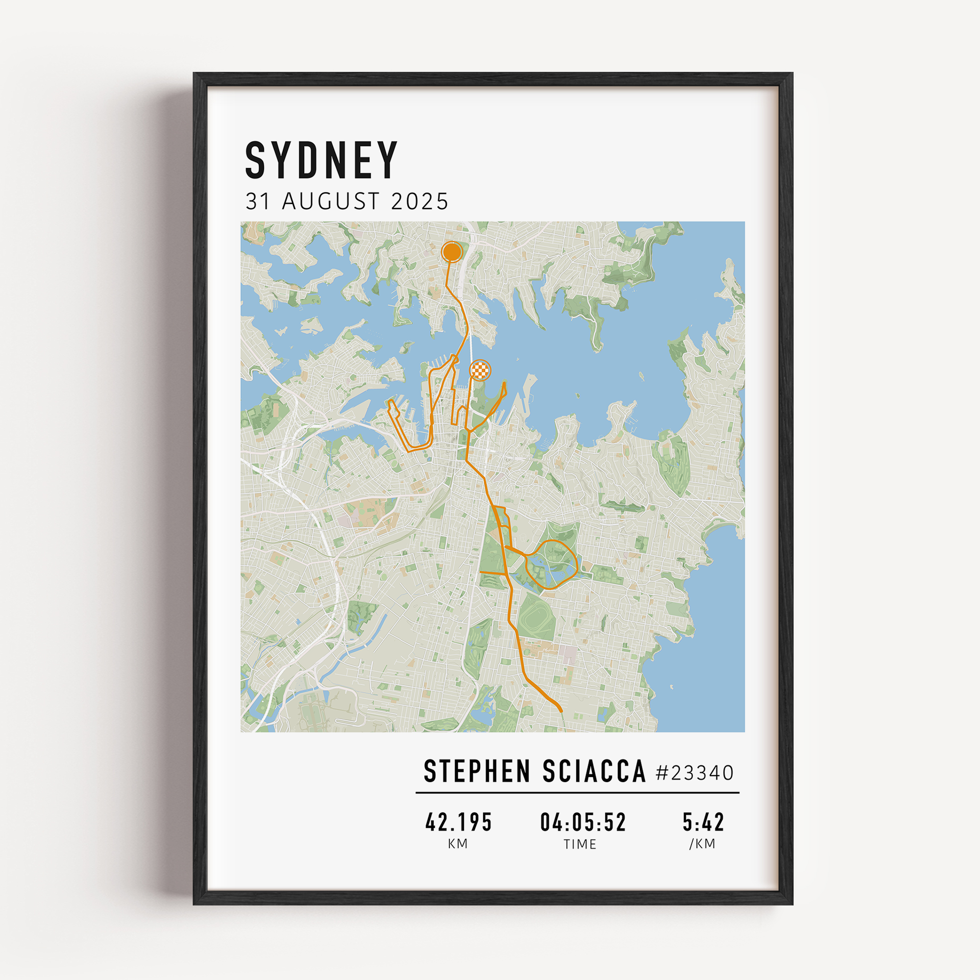 Custom Sydney Marathon map poster showcasing the iconic race route, personalised with GPX data. 