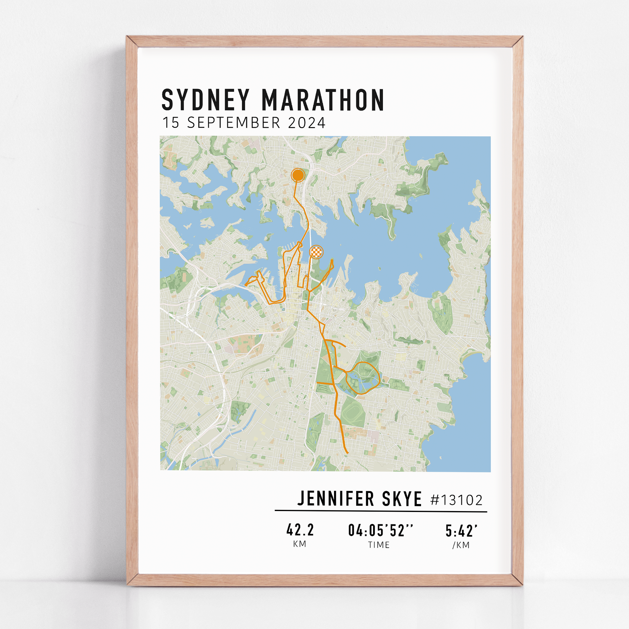 Custom Sydney Marathon map poster showcasing the iconic race route, personalised with GPX data. 