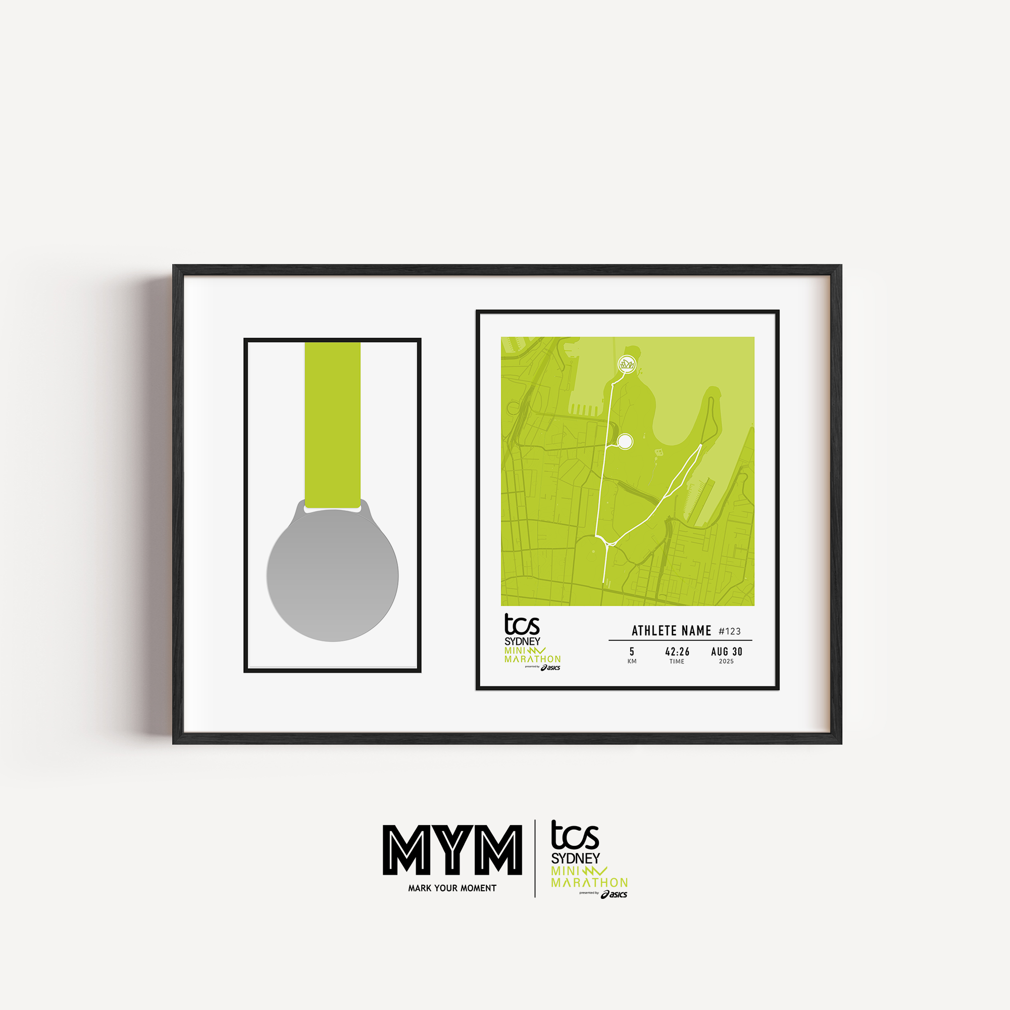 Framed Sydney Mini Marathon display featuring the official mini marathon medal mounted alongside a custom-printed route map of the course through Sydney. The print includes the runner's name, finish time, bib number, race date, and personalized statistics. Clean, modern black frame with white matting enhances the commemorative design.