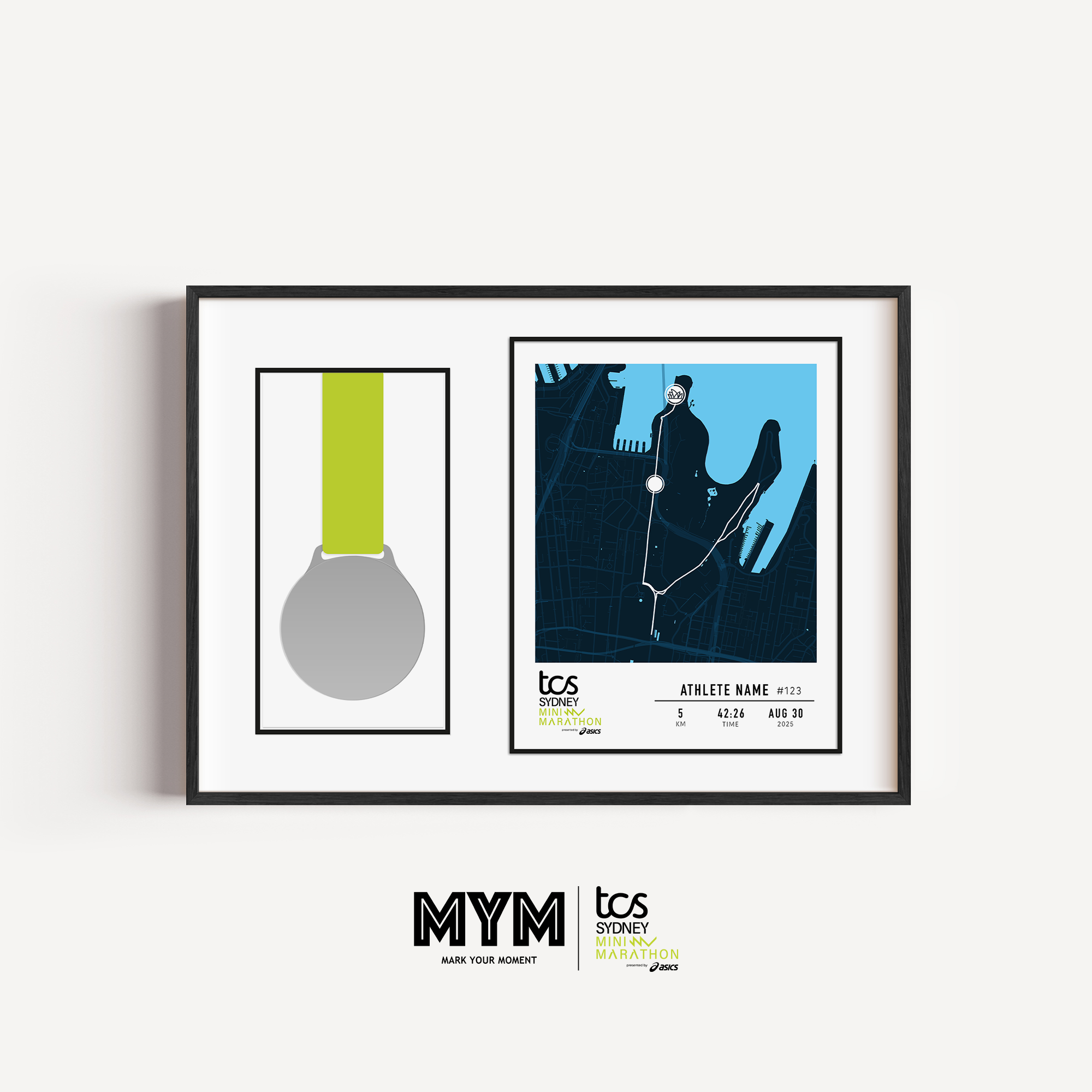 Framed Sydney Mini Marathon display featuring the official mini marathon medal mounted alongside a custom-printed route map of the course through Sydney. The print includes the runner's name, finish time, bib number, race date, and personalized statistics. Clean, modern black frame with white matting enhances the commemorative design.