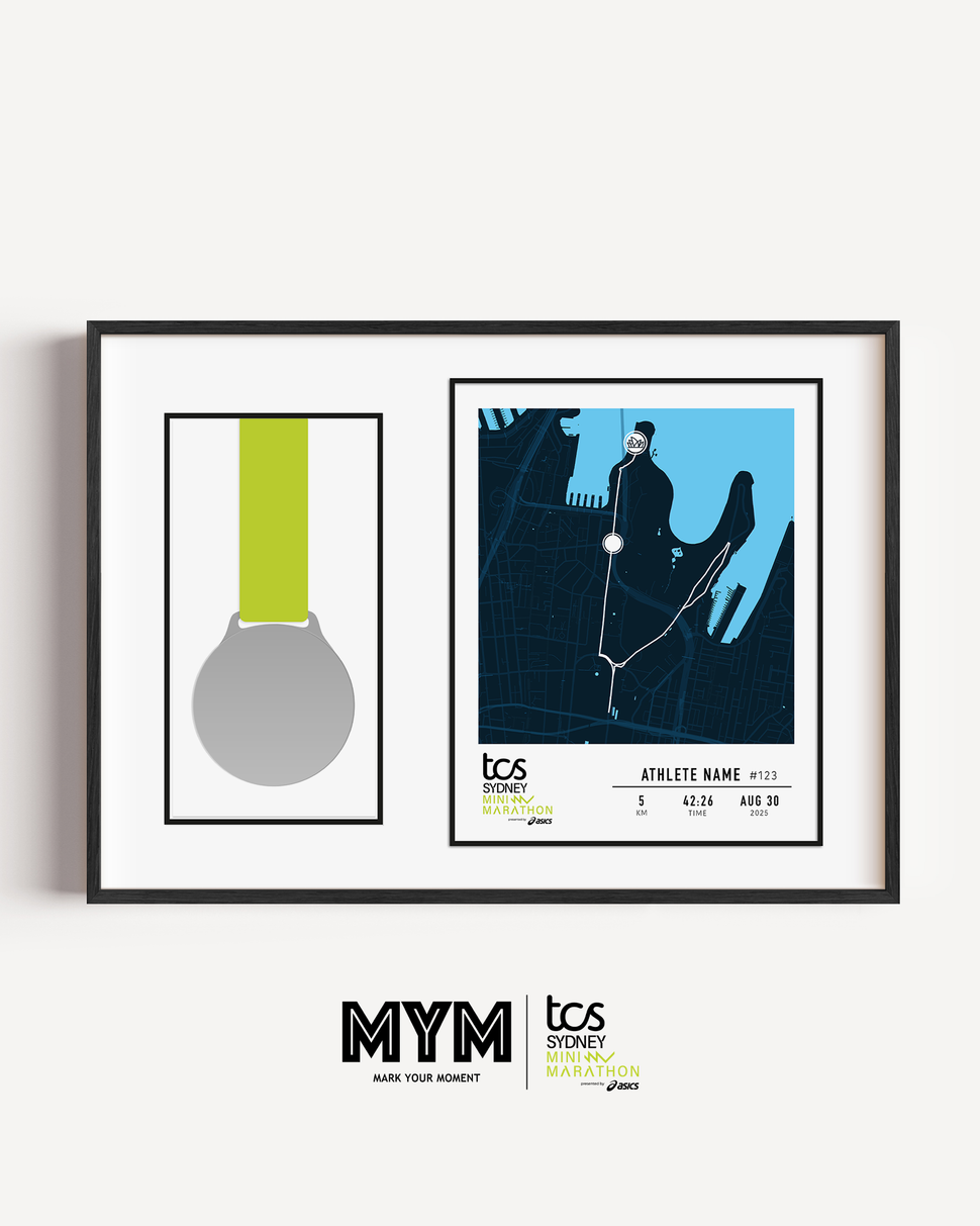 Framed Sydney Mini Marathon display featuring the official mini marathon medal mounted alongside a custom-printed route map of the course through Sydney. The print includes the runner's name, finish time, bib number, race date, and personalized statistics. Clean, modern black frame with white matting enhances the commemorative design.