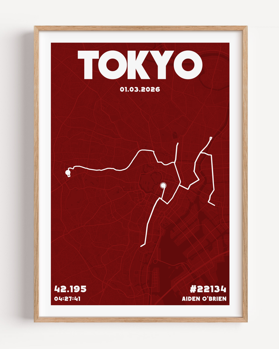 A personalised tokyo marathon map poster from the Urban range, featuring a detailed city grid and a specific race route. The design includes a bold city name at the top and customisable runner data such as name, time, and distance at the bottom.