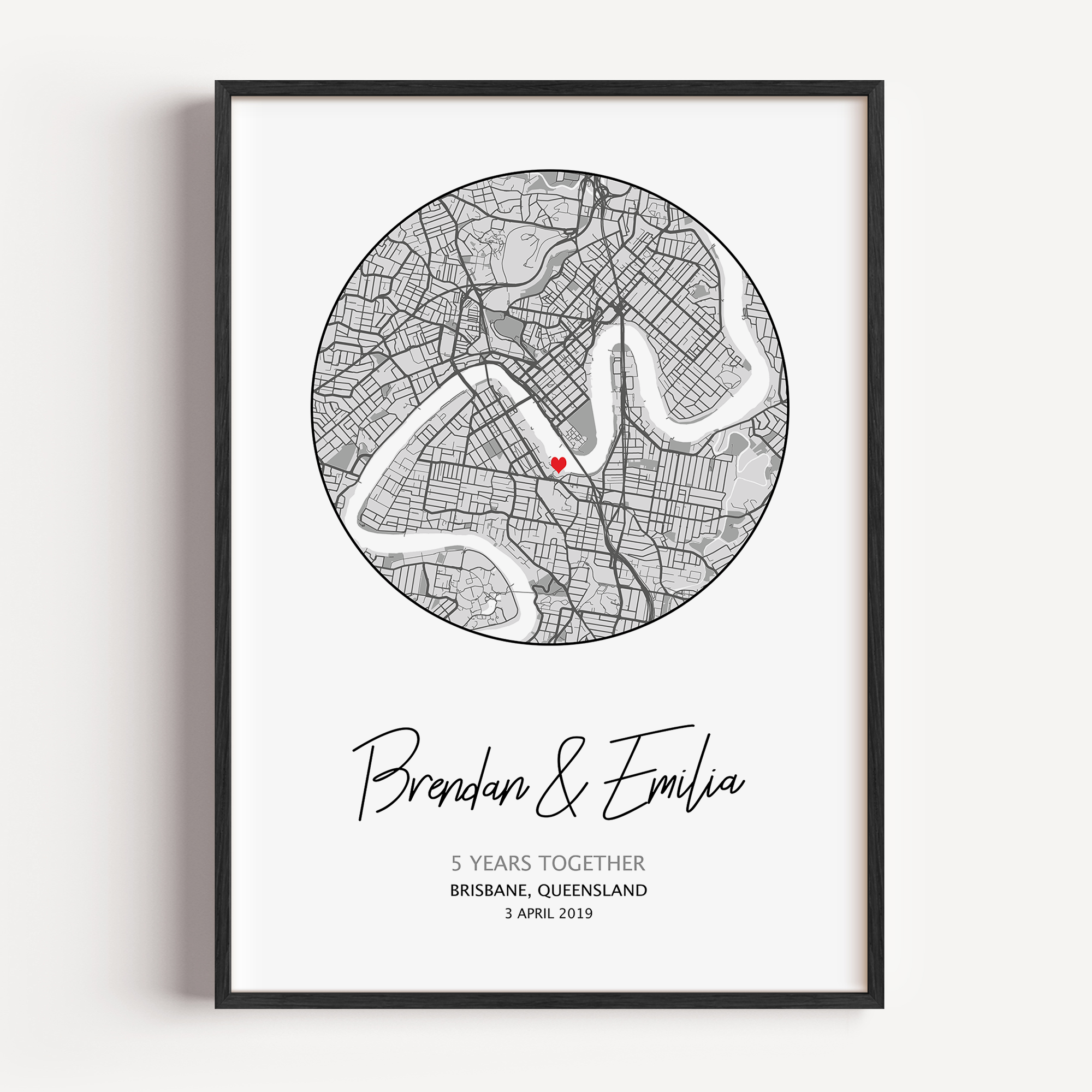 A framed custom map print that shows the Mark Your Moment anniversary map gift. The design is purchased as a personalized gift as it’s unique to your date and location.