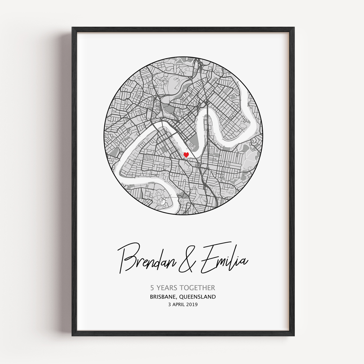 A framed custom map print that shows the Mark Your Moment anniversary map gift. The design is purchased as a personalized gift as it’s unique to your date and location.