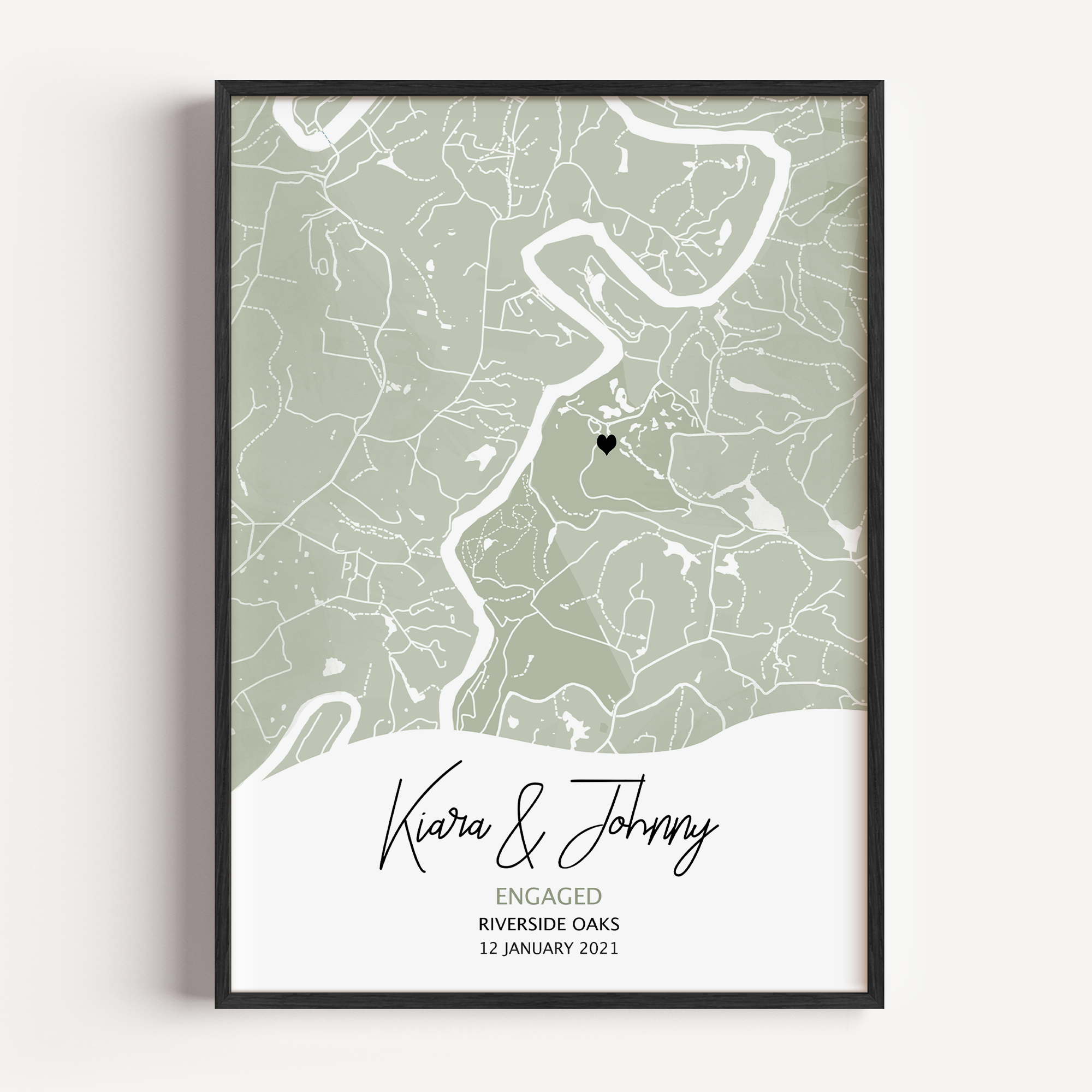 Modern pastel colour map print with light grey streets and a red heart marking a special location, customized with couple’s names and engagement date in elegant script below.