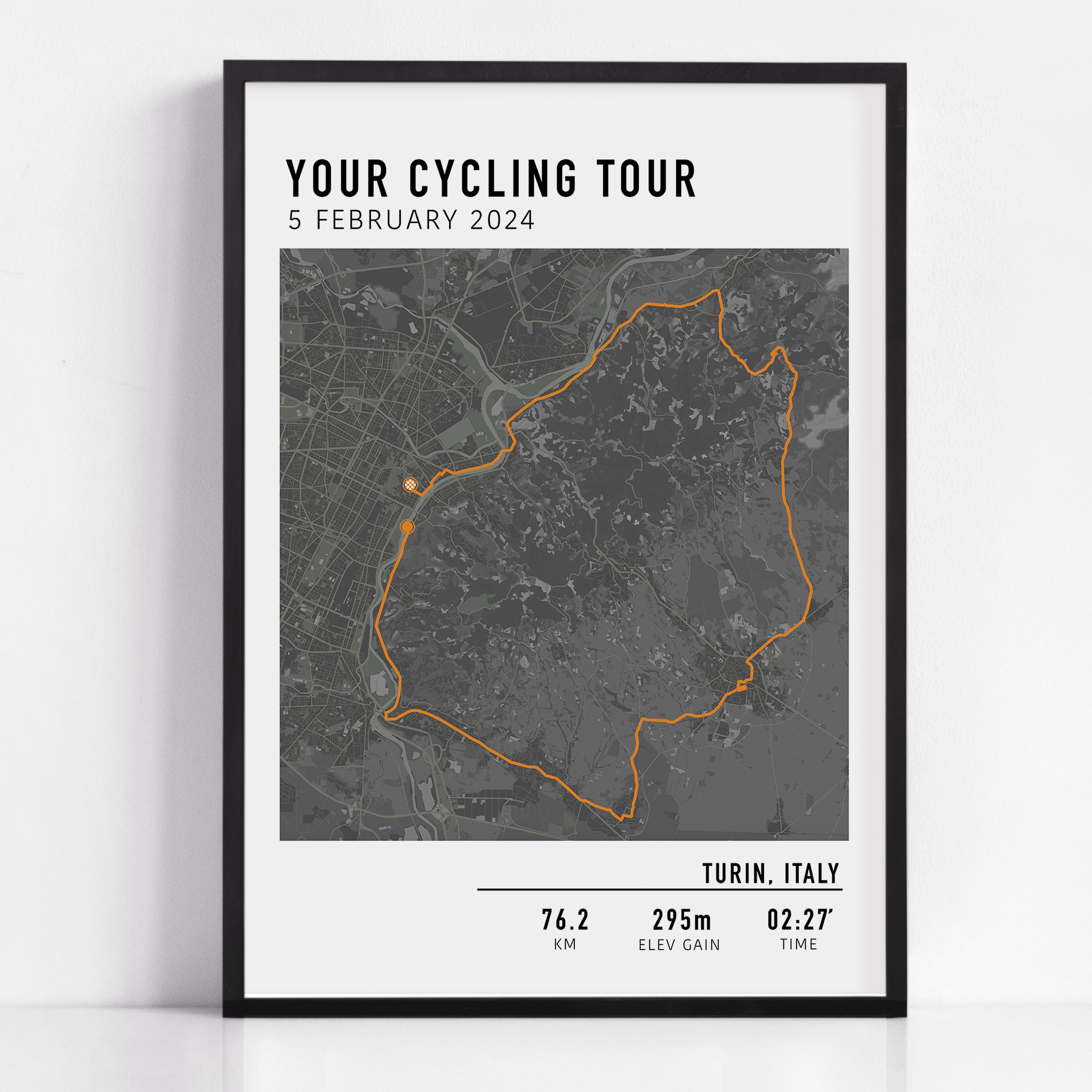Custom cycling route print featuring a minimalist line map of a bike ride, personalized with route data uploaded by the rider, including distance, date, and location.