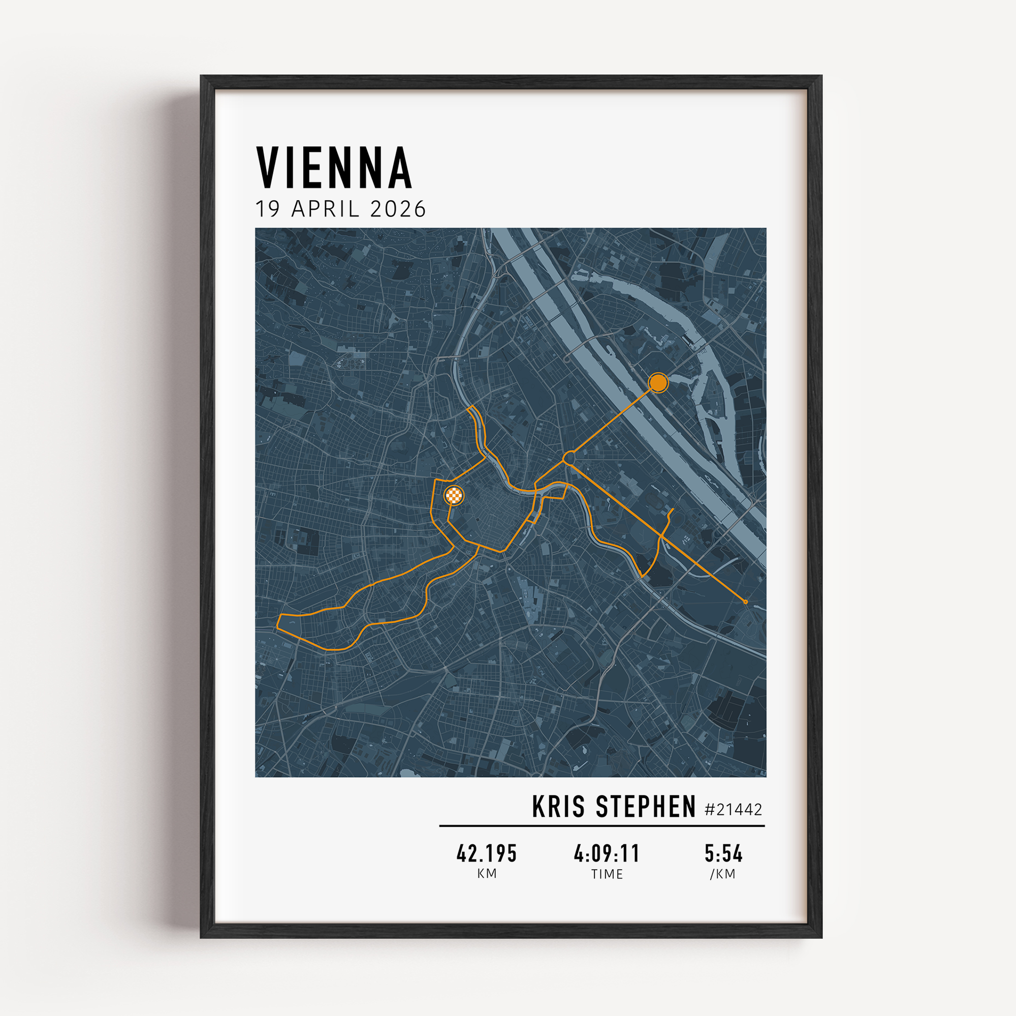 Classic Vienna City Marathon 2026 route map print featuring race distance, time and pace in a minimalist framed design.