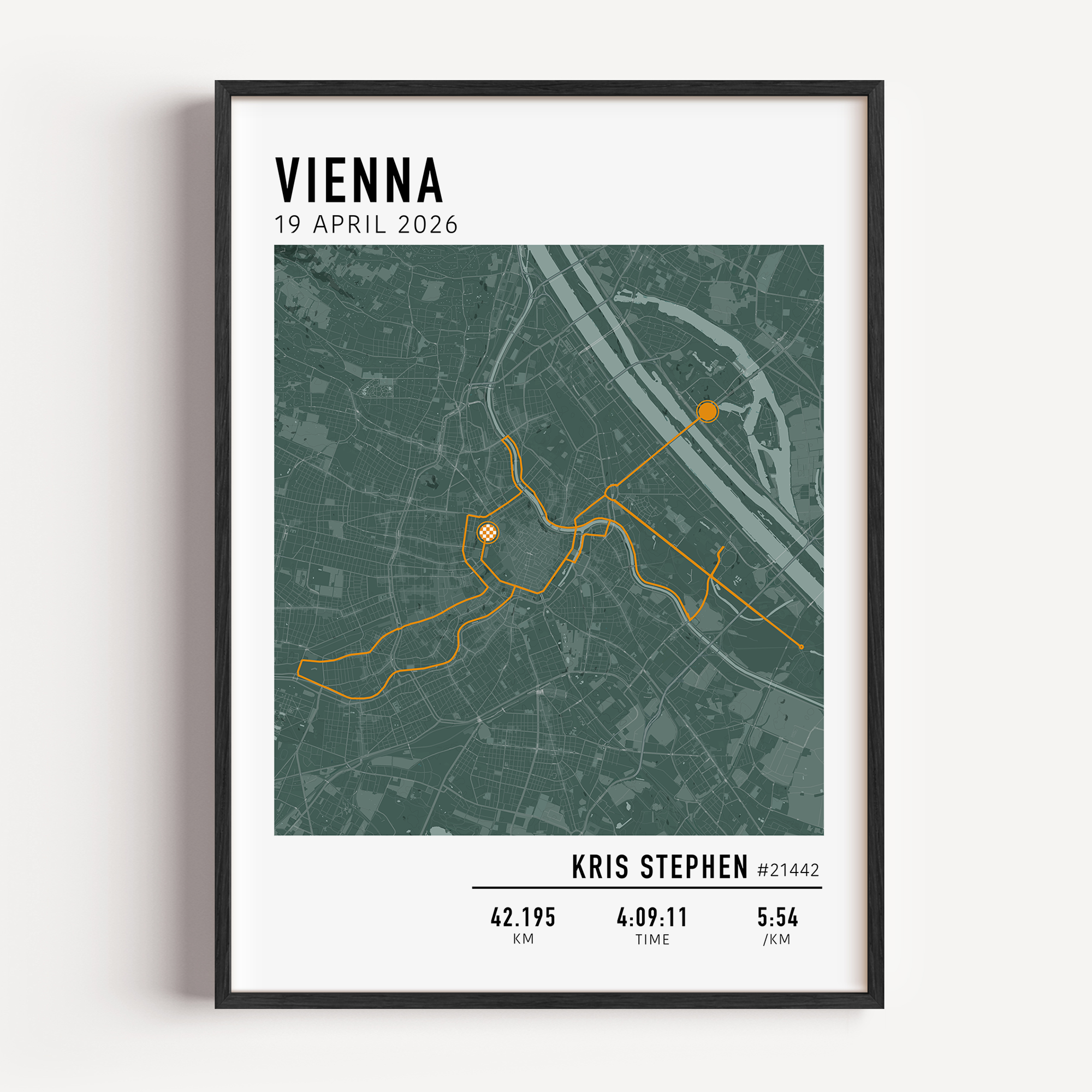 Modern classic marathon print of Vienna City Marathon with highlighted race route and custom runner stats in a framed artwork.