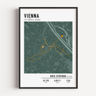Modern classic marathon print of Vienna City Marathon with highlighted race route and custom runner stats in a framed artwork.