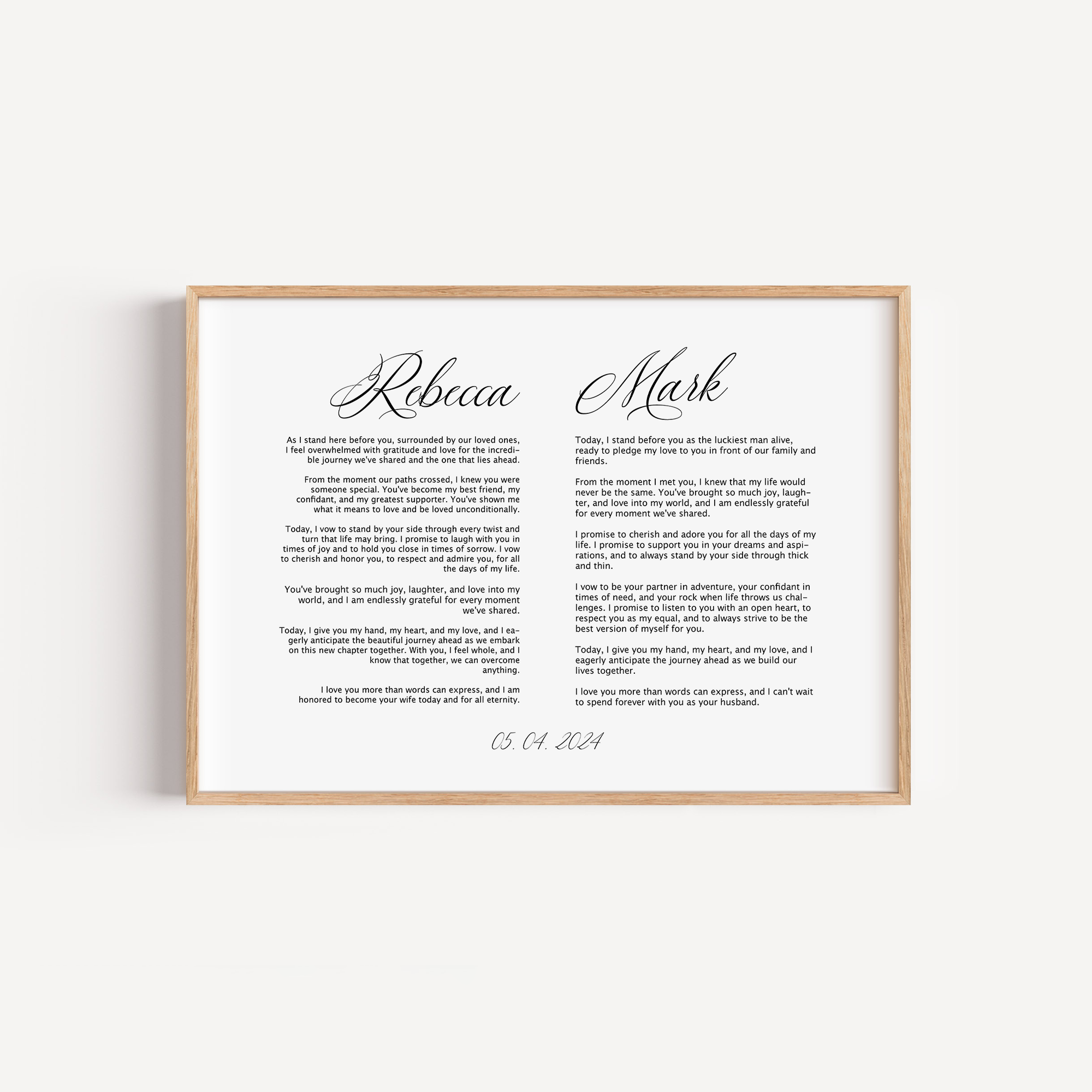 framed wedding vow print, personalized with custom vows and names, displayed in an elegant minimalist frame