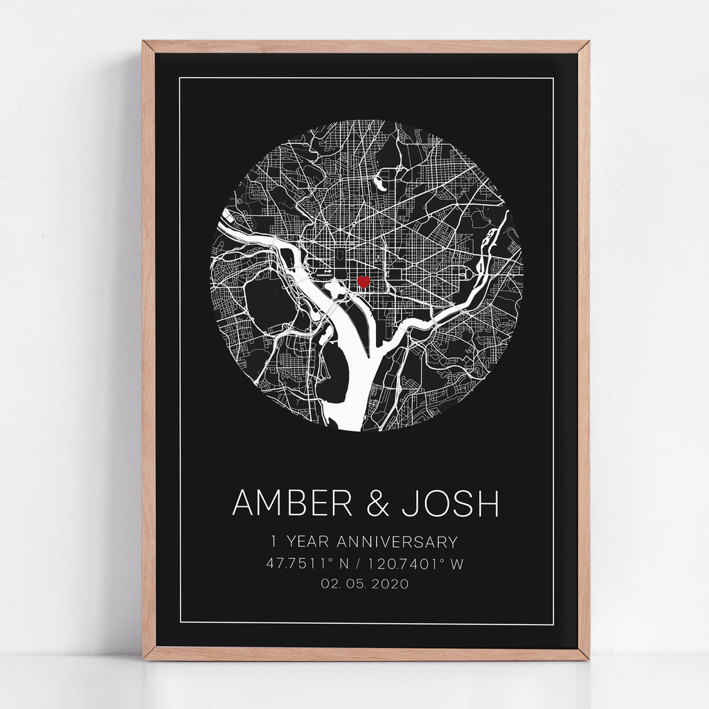 A framed print of a custom 1 year anniversary gift. This custom map print shows the circle anniversary map. The design is unique to your date, location and is purchased as a personalized gift.