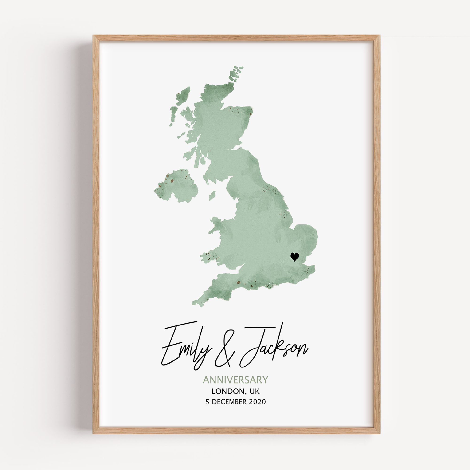 Custom watercolour map art showing the location where our love story began, with personalized names and date.