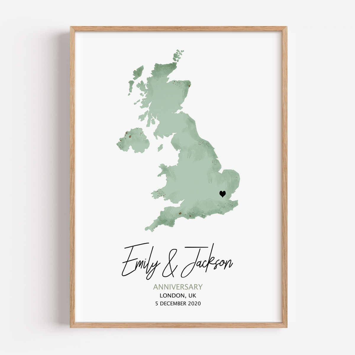 Custom watercolour map art showing the location where our love story began, with personalized names and date.