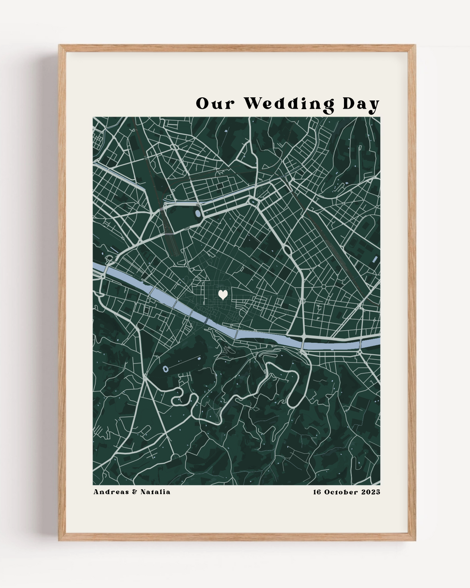 Personalized wedding map print showing custom venue location with names and wedding date in elegant minimalist design
