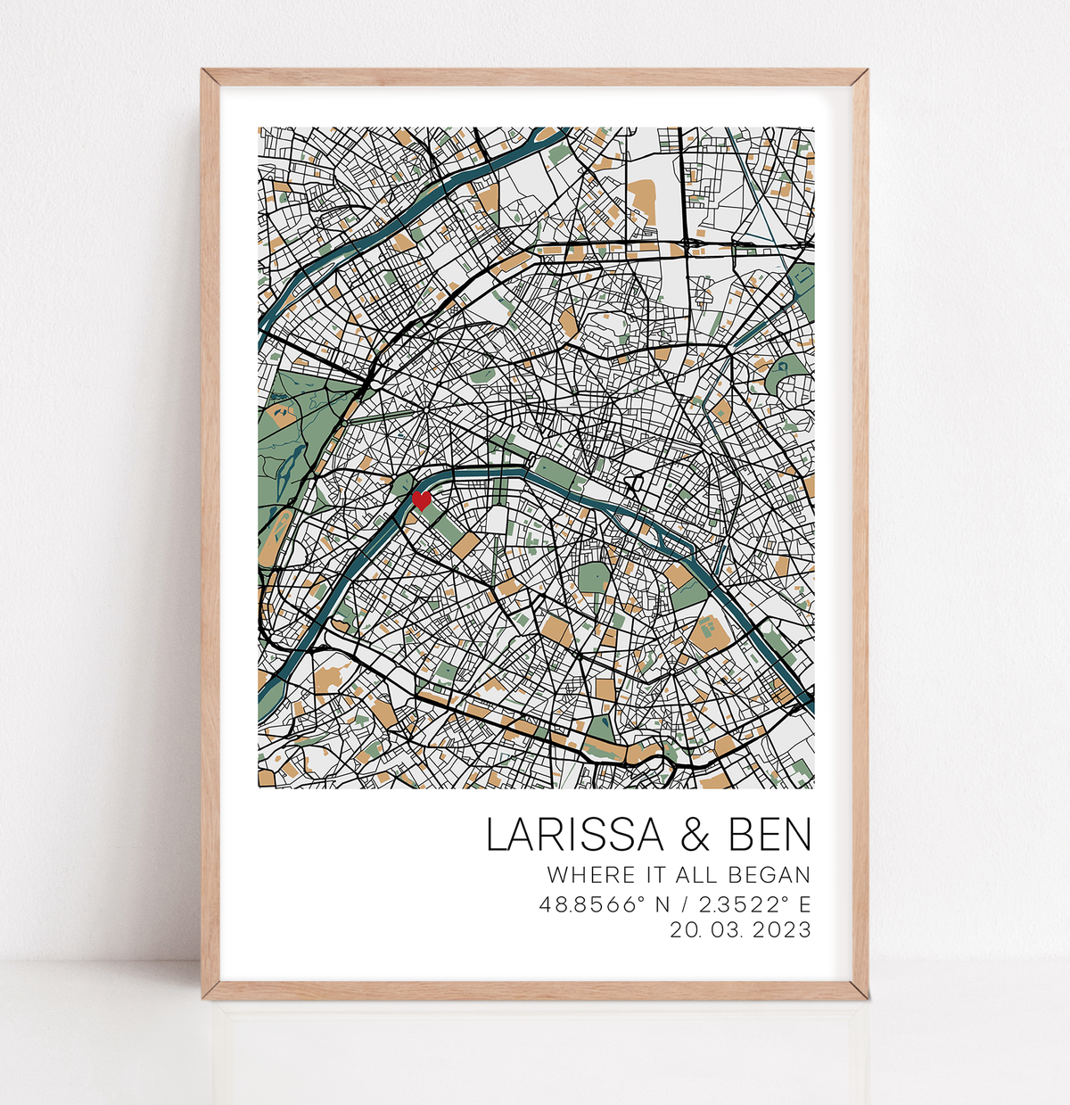 Custom 'First Met' gift print with location, date, and personal details of the couple.