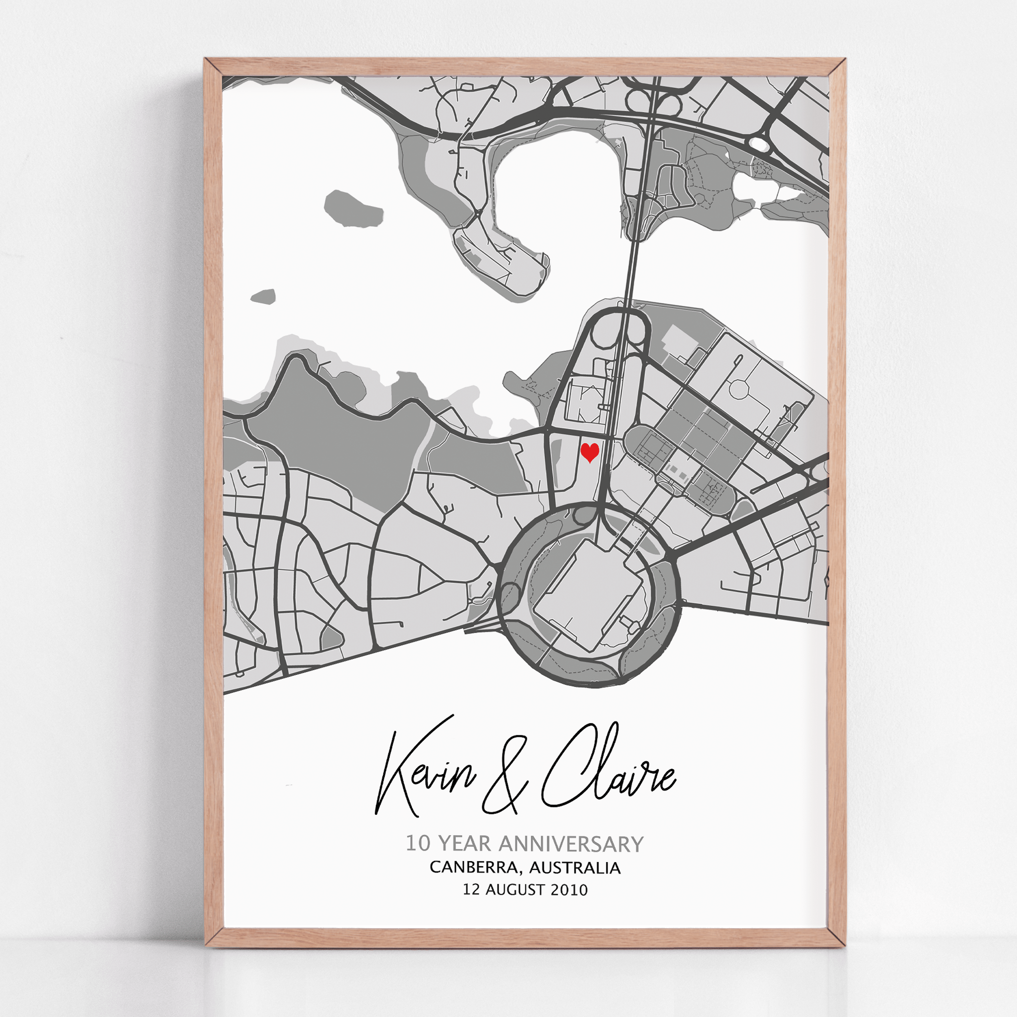 10 year anniversary gift with framed custom map