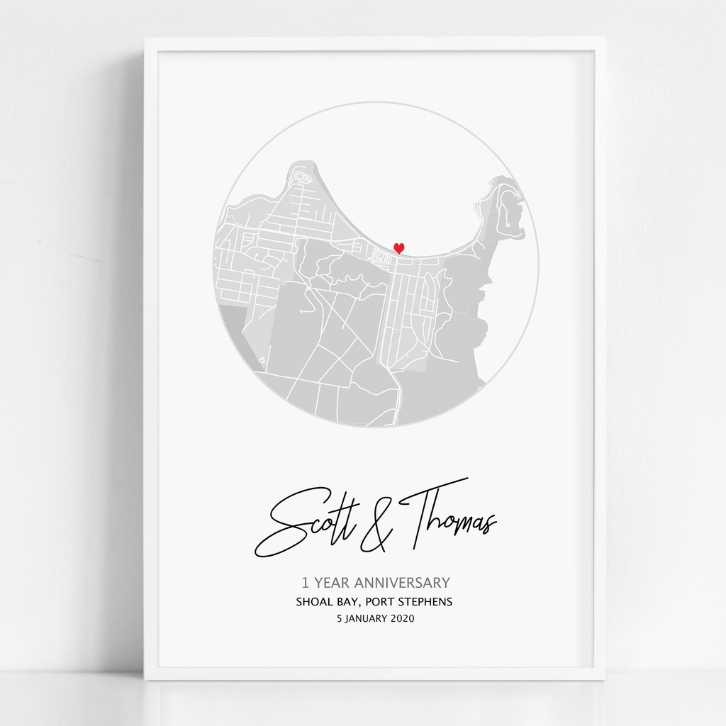 A framed print of a custom map print that shows the Mark Your Moment anniversary map gift. The design is unique to your date, location and is purchased as a personalized gift.