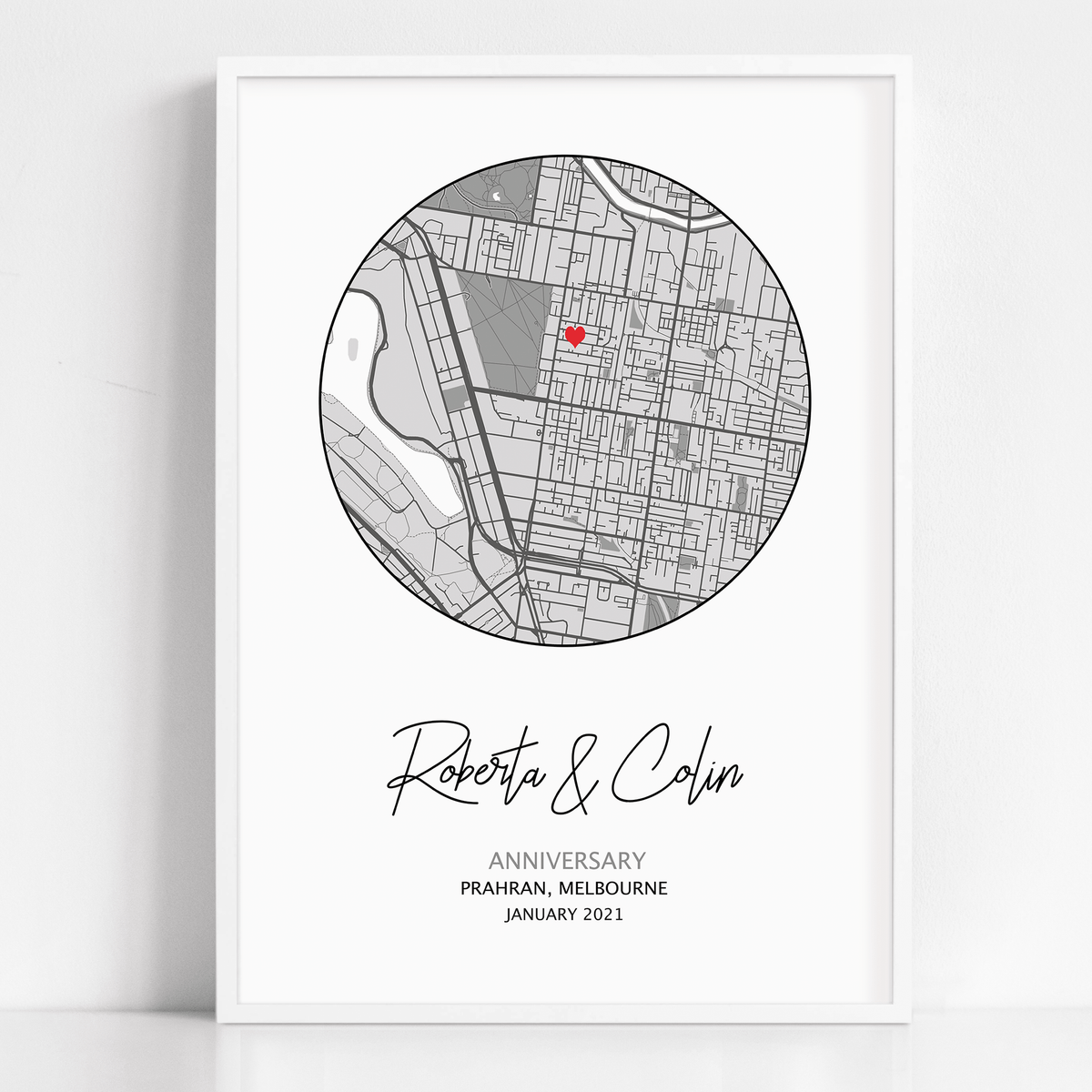 A framed custom map print that shows the Mark Your Moment anniversary map gift. The design is purchased as a personalized gift as it’s unique to your date and location.