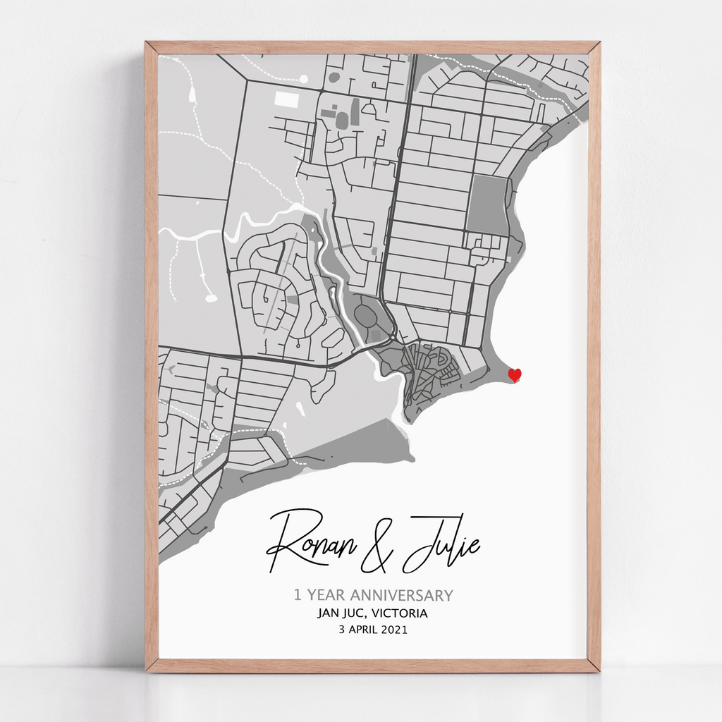 A 1 year anniversary gift framed print with a custom map print