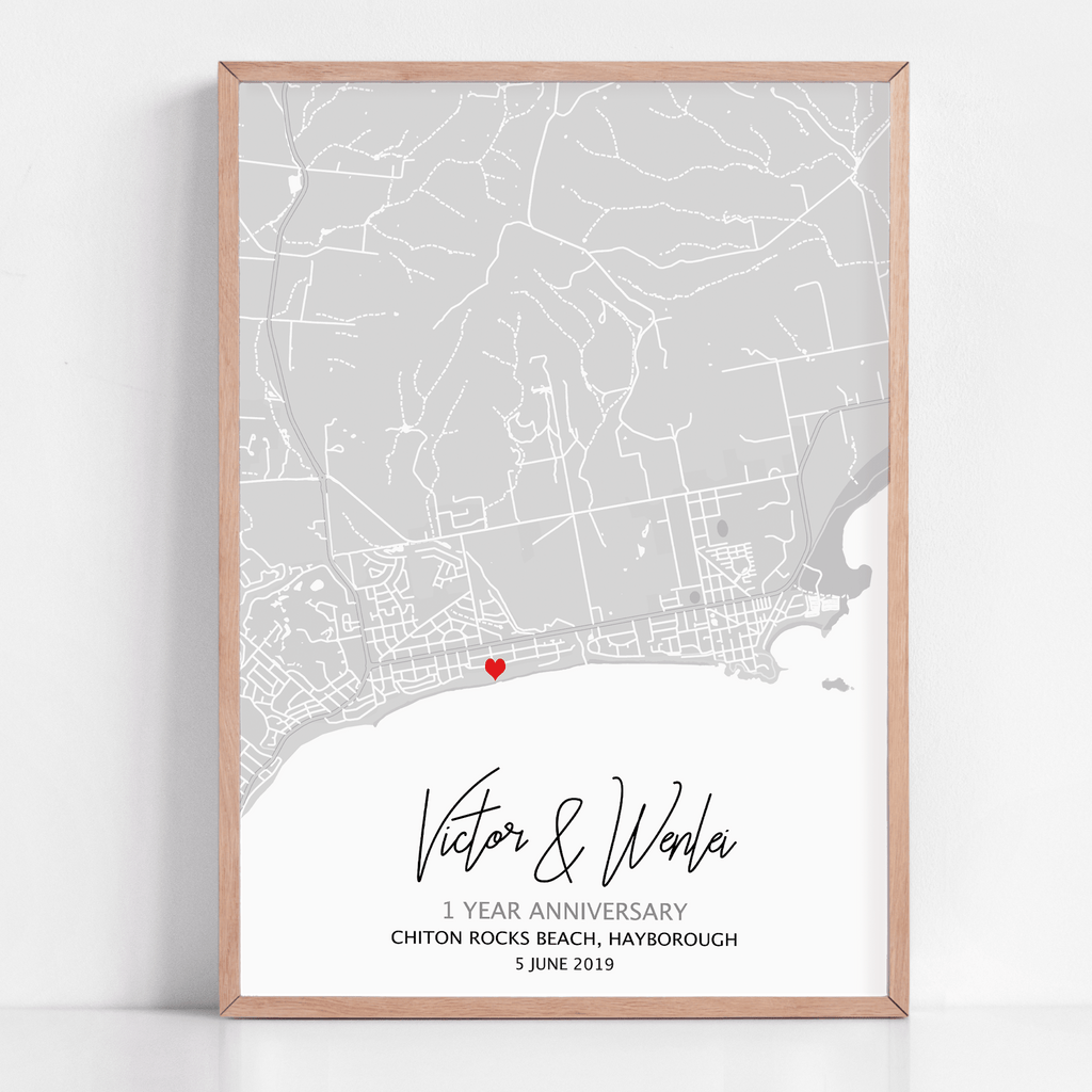 A 1 year anniversary gift framed print with a custom map to your location