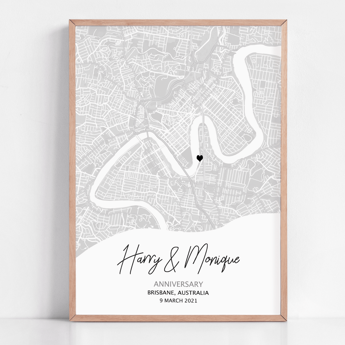 A framed anniversary map gift showing the brisbane australia map