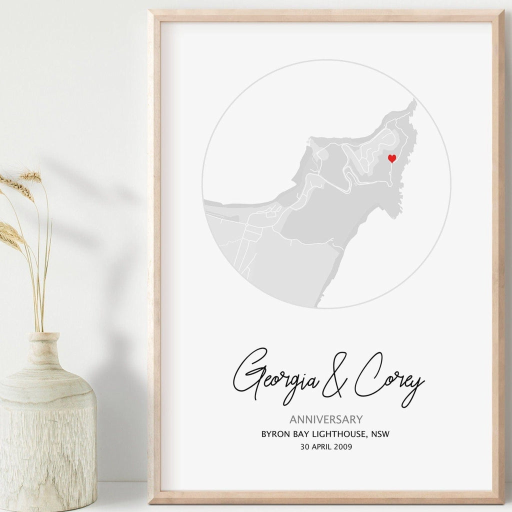 A framed print of a custom anniversary gift. This custom map print shows the circle anniversary map. The design is unique to your date, location and is purchased as a personalized gift.