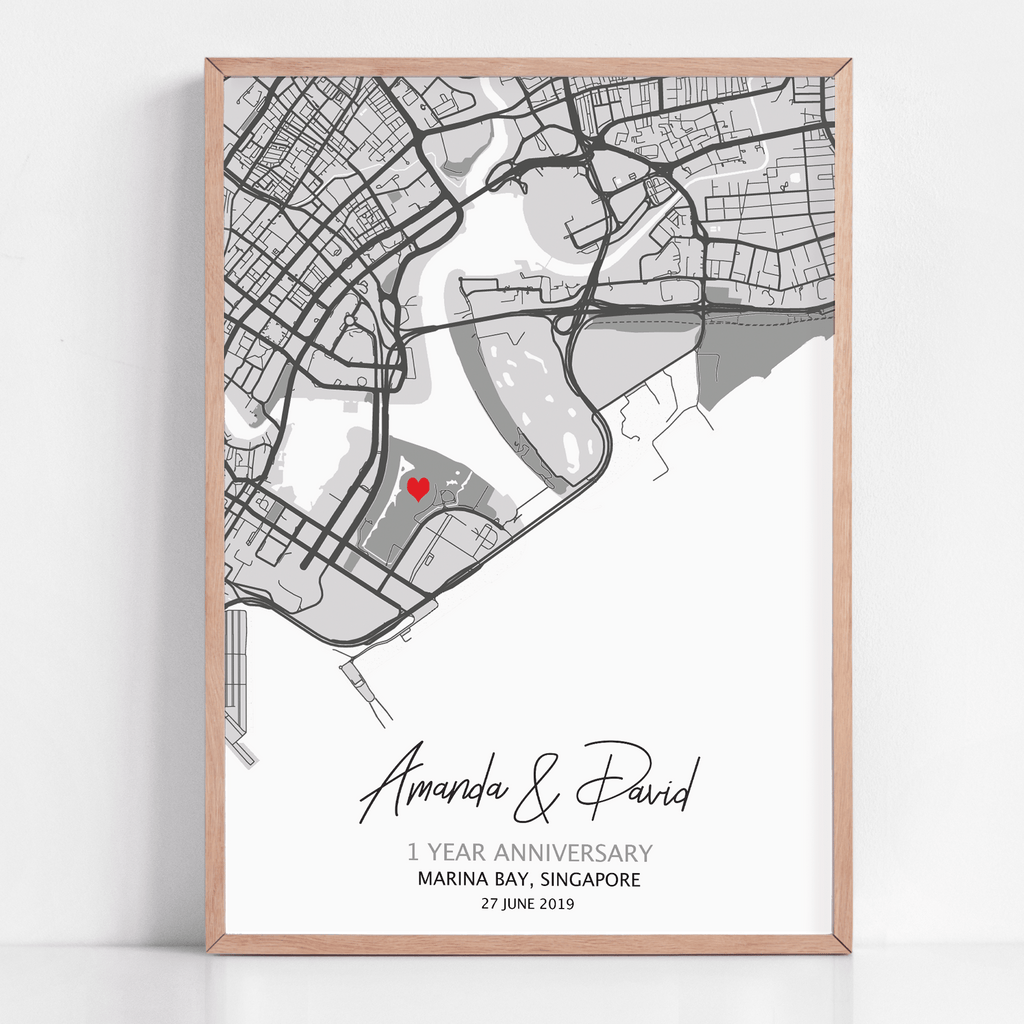 A paper anniversary gift idea which is a custom map print showcasing 1 year anniversary gift text