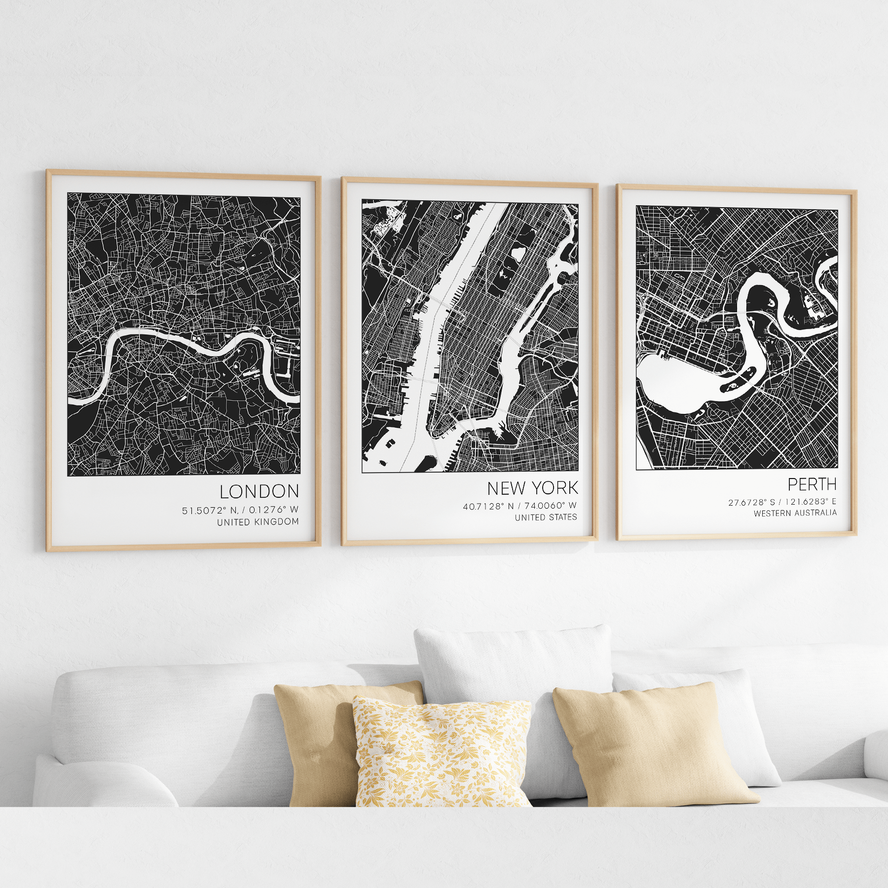 london map print, new york map print, perth map print, home town map prints