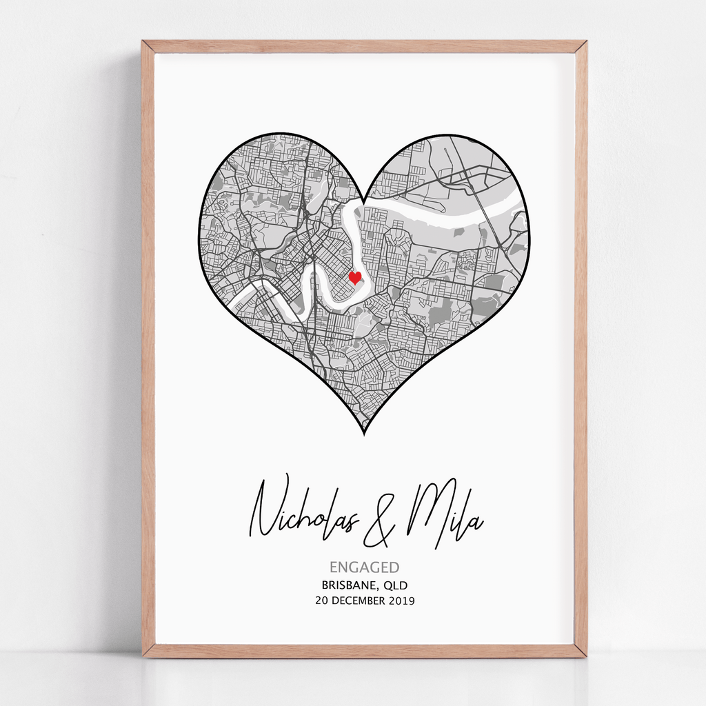 A framed engagement gift of a heart map