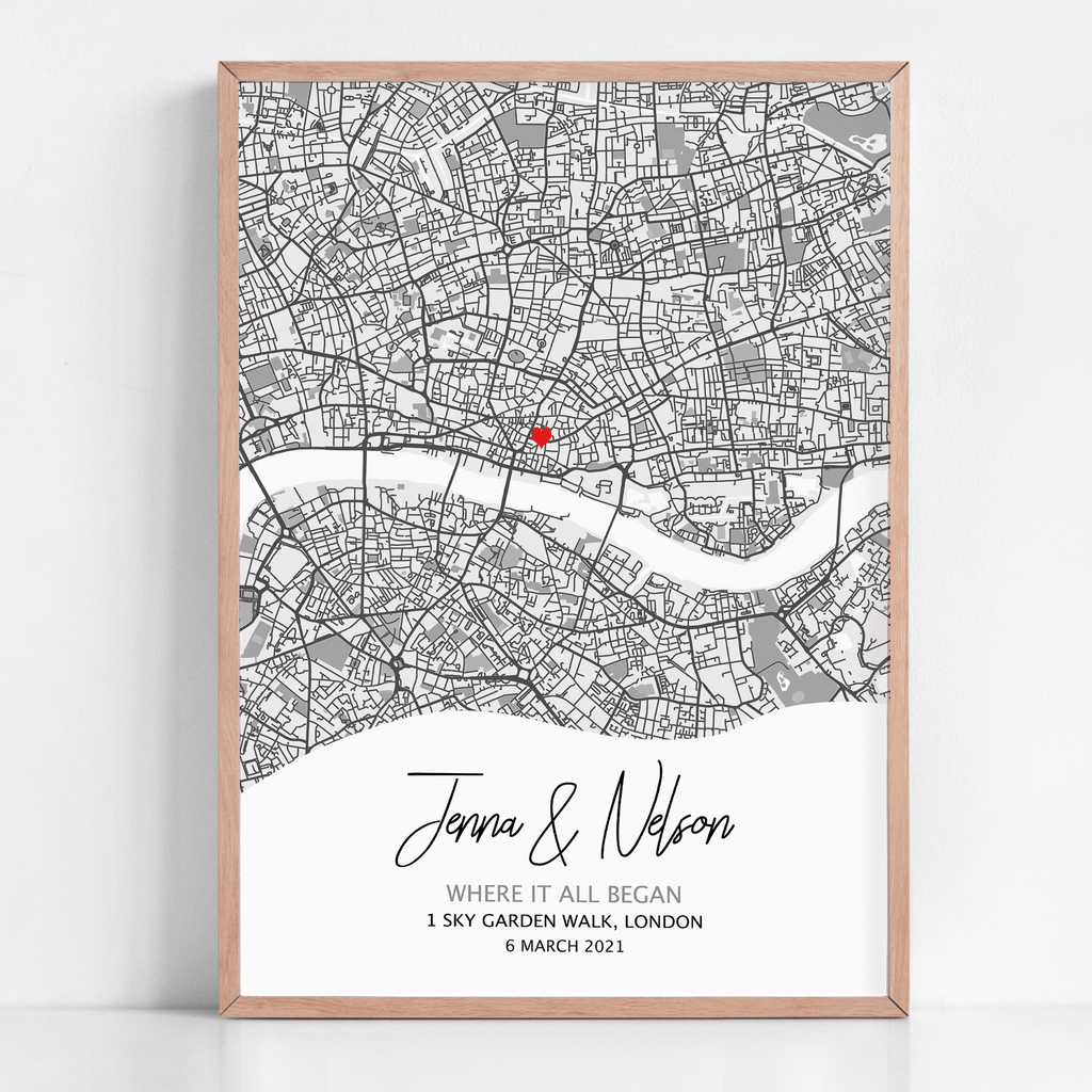 A framed print of a personalized map print. This custom map print shows where it all began. The design is unique to your date, location and is purchased as a personalized gift.