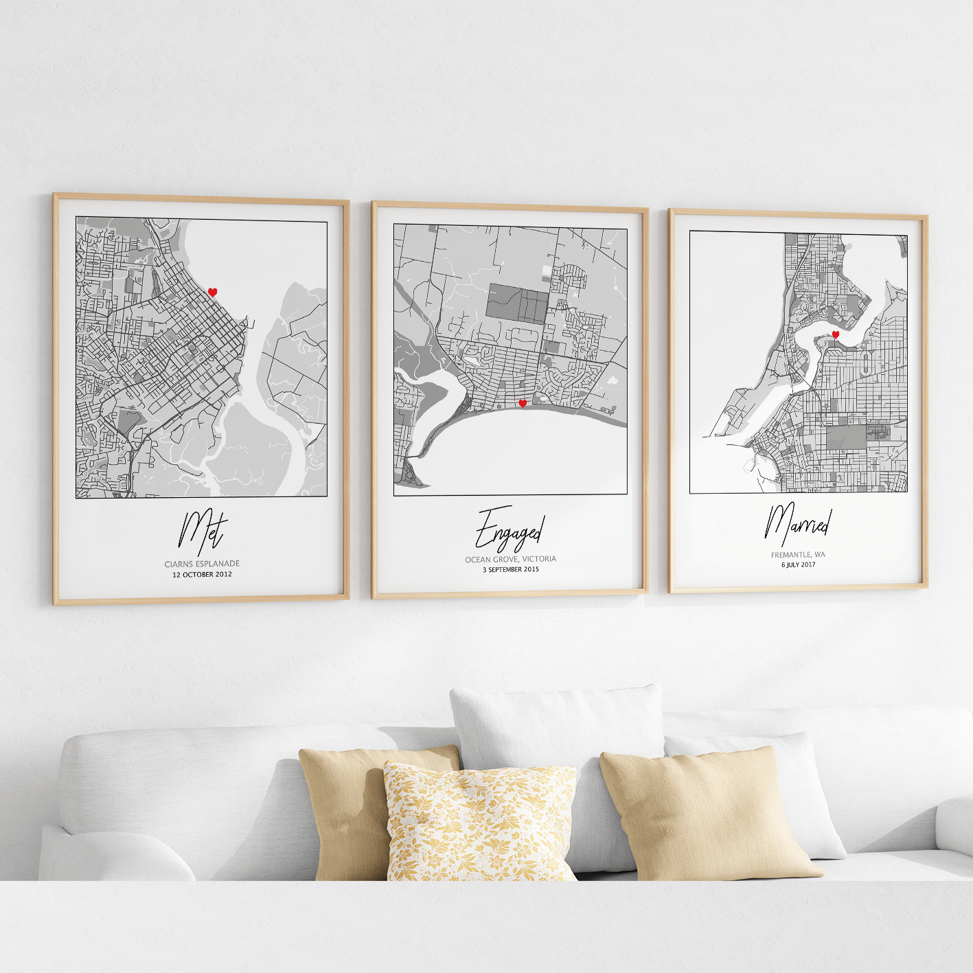 met engaged married framed artwork of custom map prints