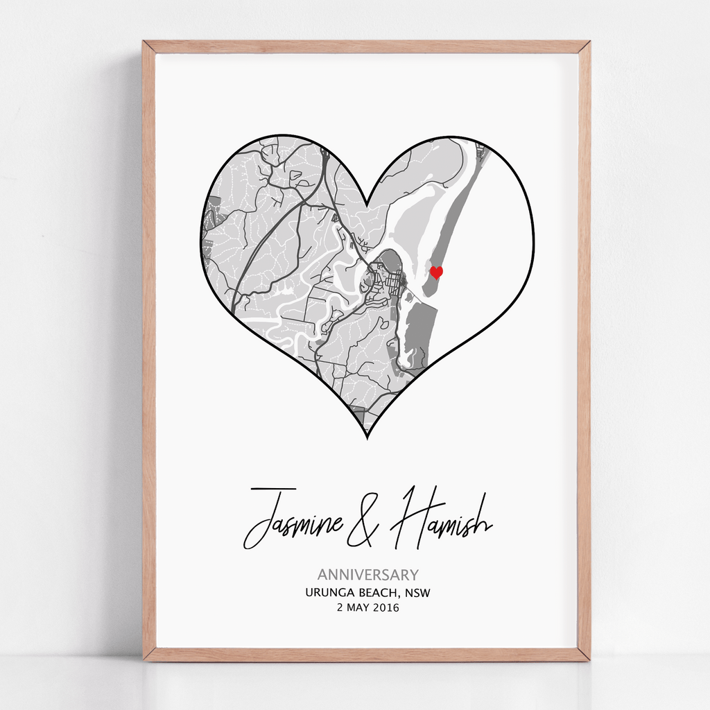 This custom map print shows the personalised anniversary gift. The design is unique to your date, location and is purchased as a personalized gift.