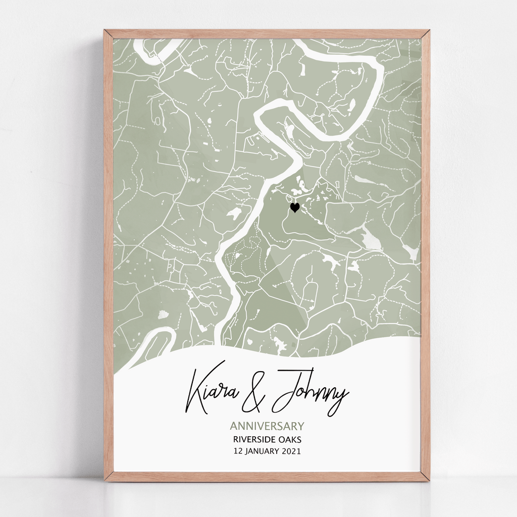 Anniversary gift framed print of custom location map